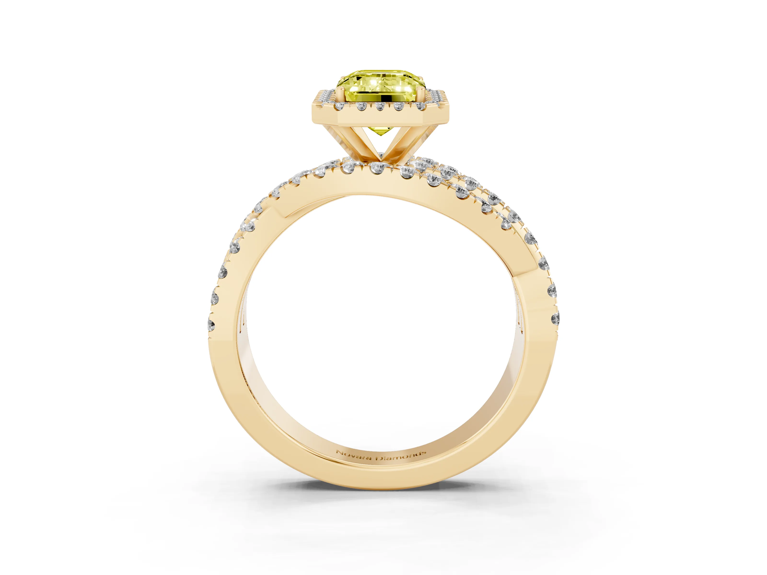 Fancy Yellow Emerald Cut Diamond Halo Ring Set in Yellow gold with Round Crossover Split Shank and Prong Setting