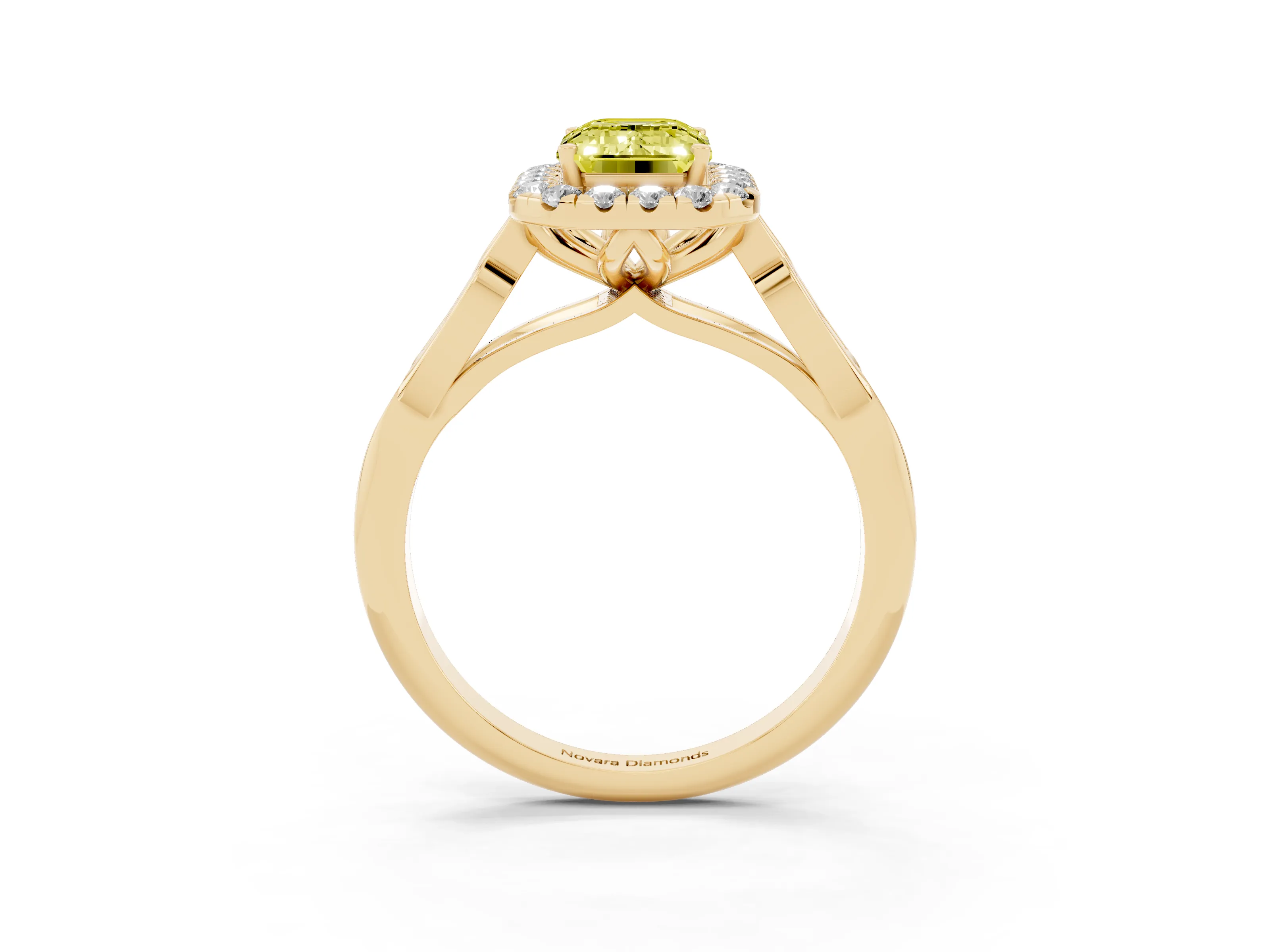 Fancy Yellow Emerald Cut Diamond Halo Engagement Ring Set in Yellow gold with Filigree Band and Prong-Set Center