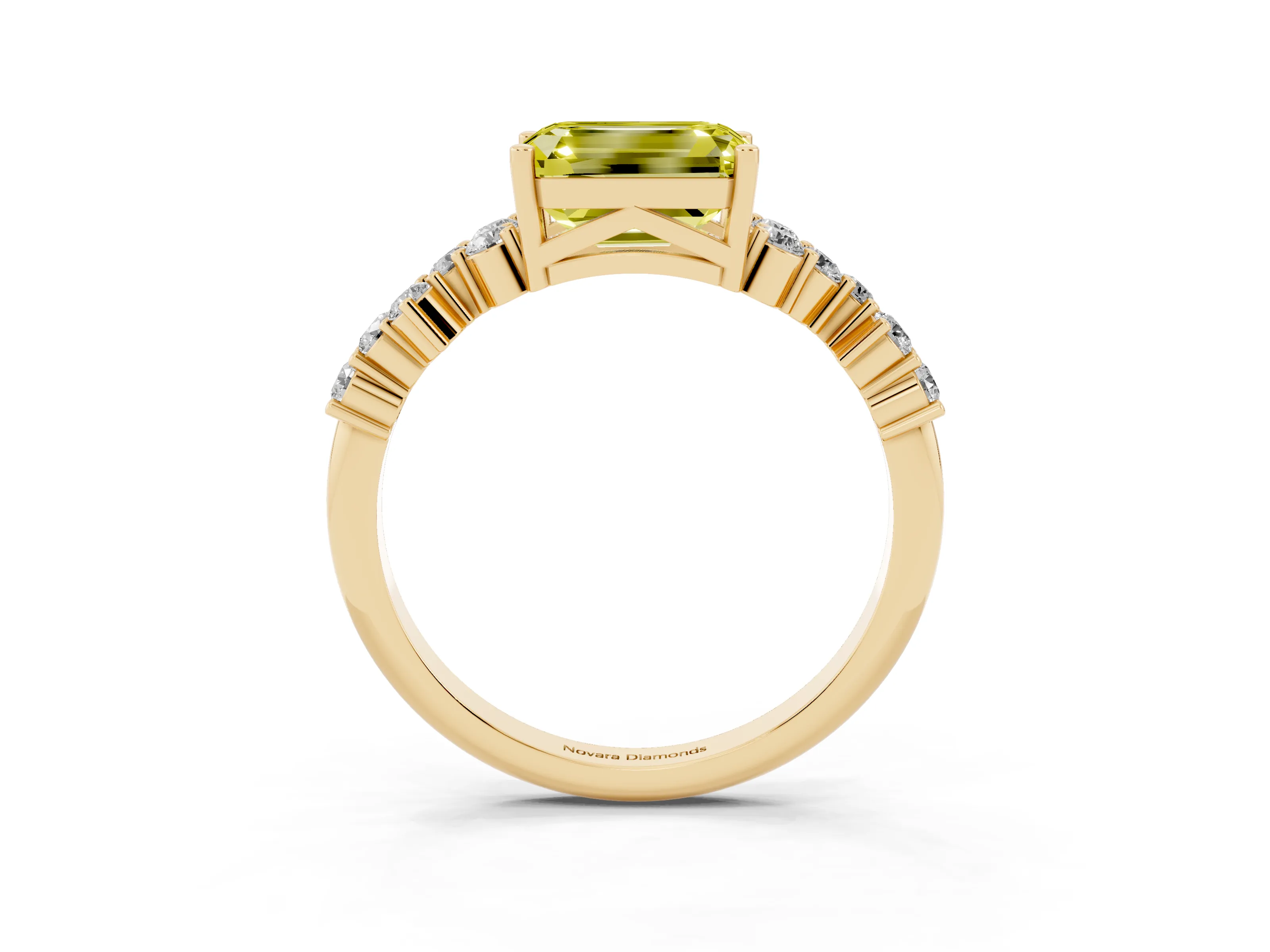 Fancy Yellow Emerald Cut Diamond Ring Set in Yellow gold with Scattered Round Accents