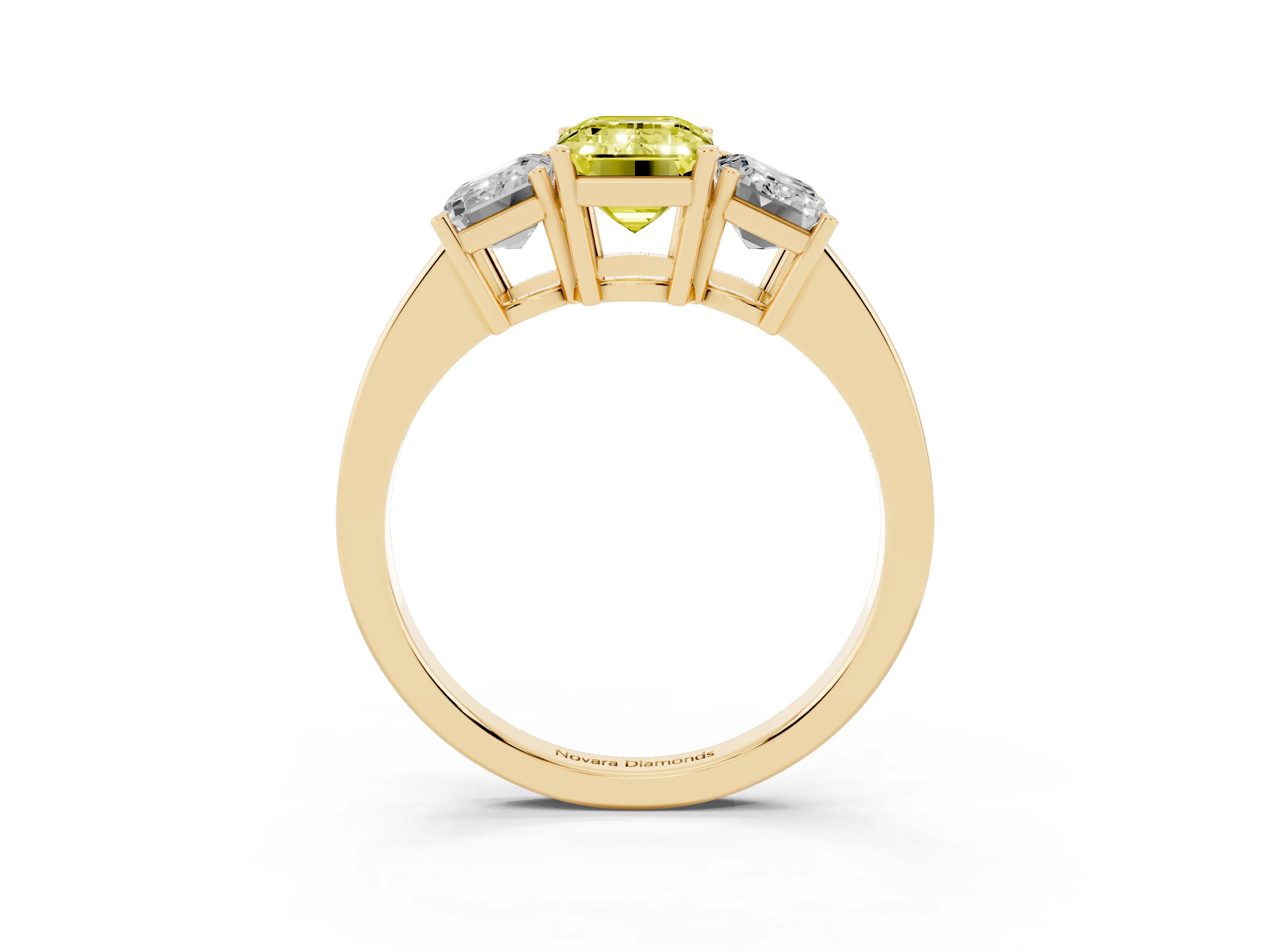 Fancy Yellow Emerald Cut Diamond Three-Stone Engagement Ring Set in Yellow gold with Flat Band