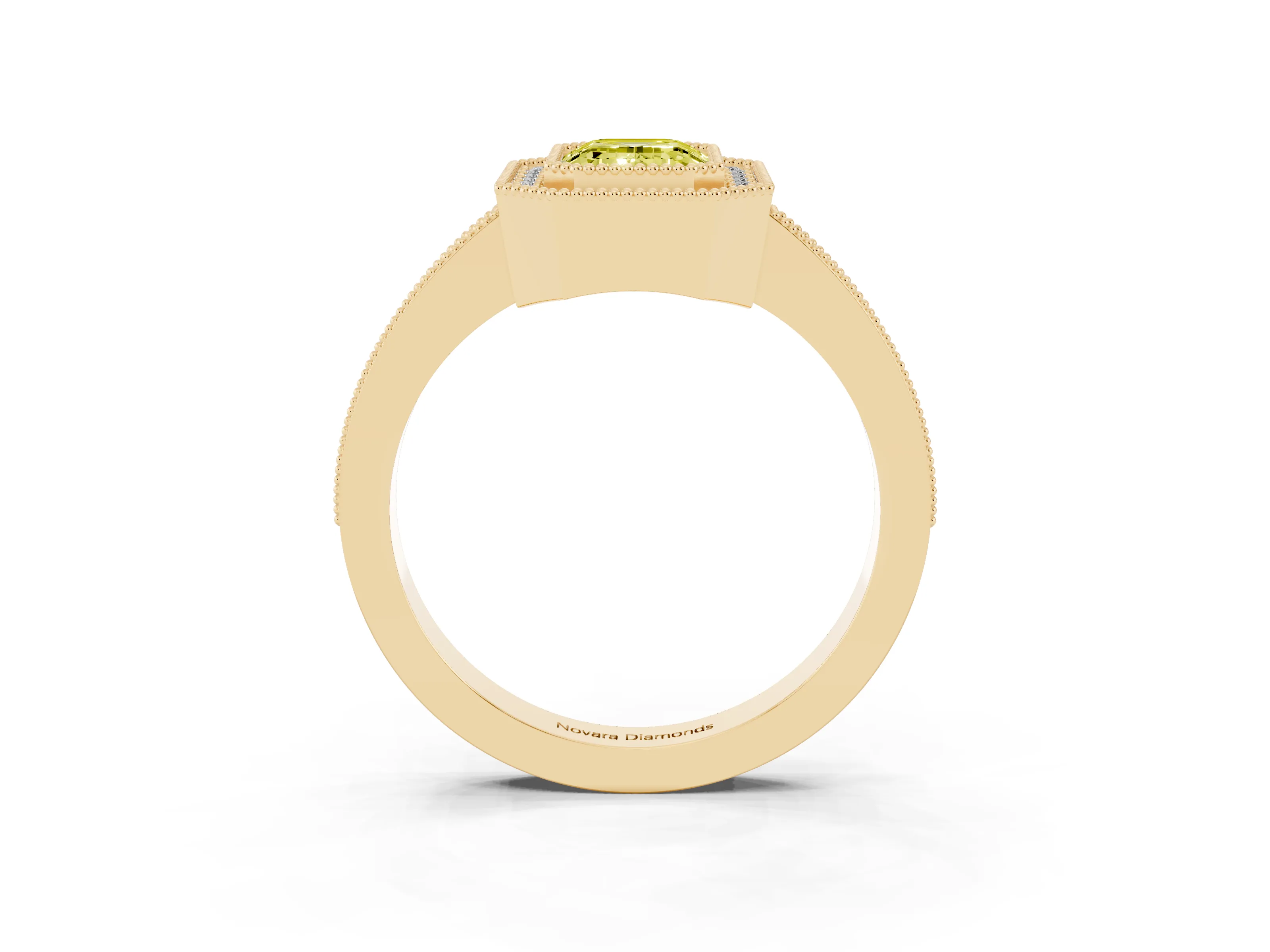 Fancy Yellow Emerald Cut Diamond Halo Engagement Ring Set in Yellow gold with Pavé Band and Round Halo Stones