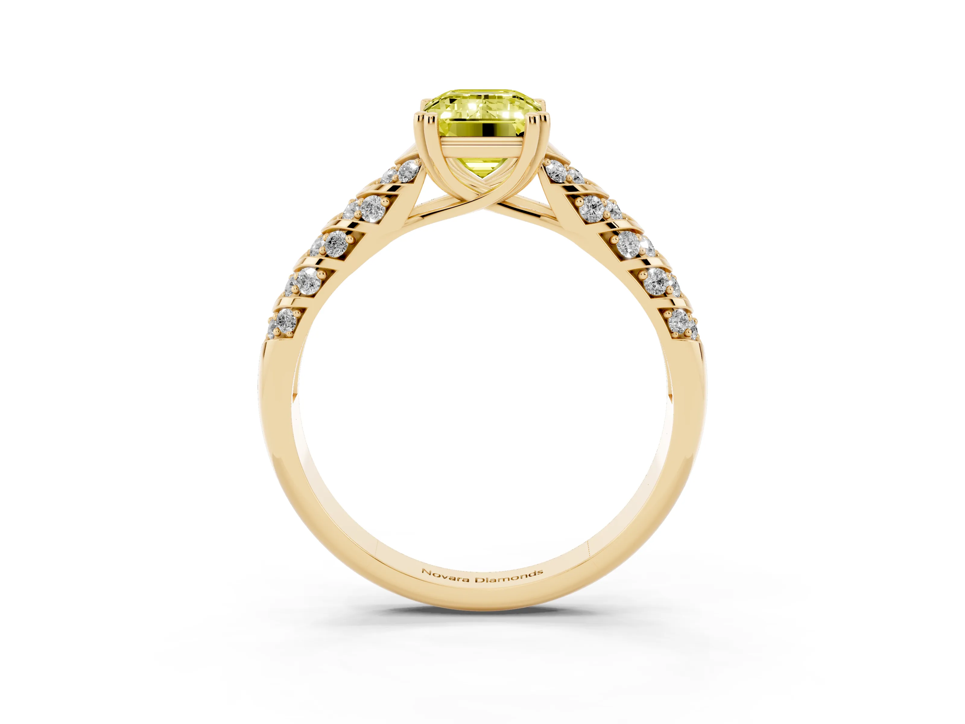 Fancy Yellow Emerald Cut Diamond Solitaire Chevron Pavé Engagement Ring Set in Yellow gold with Prong Setting