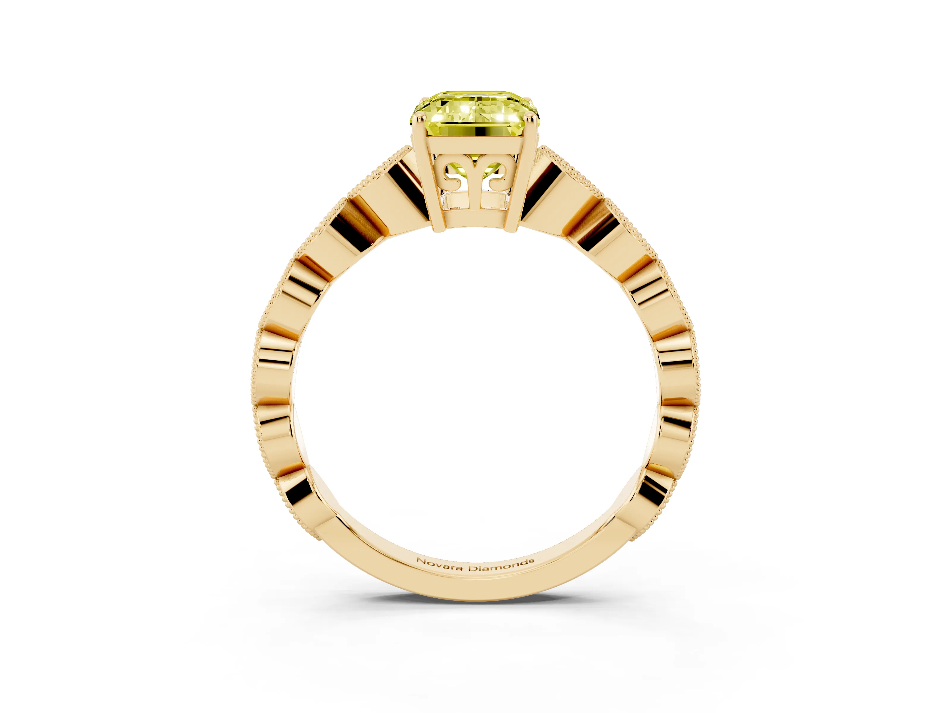 Fancy Yellow Emerald Cut Diamond Solitaire Ring Set in Yellow gold with Infinity Twist Pavé Band