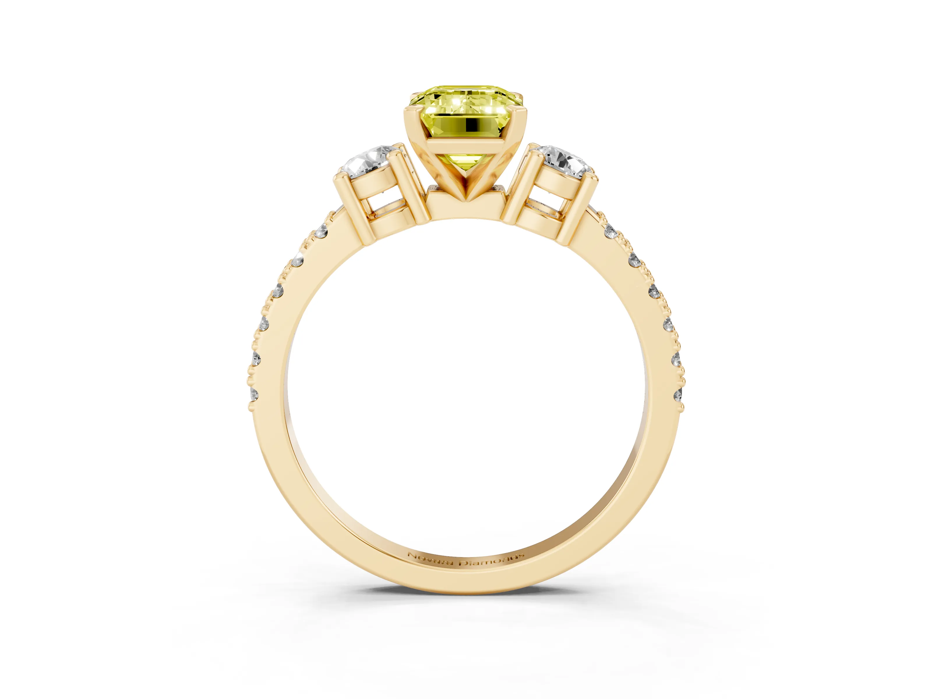Fancy Yellow Three-Stone Emerald Cut Diamond Pavé Band Ring Set in Yellow gold with Prong Setting