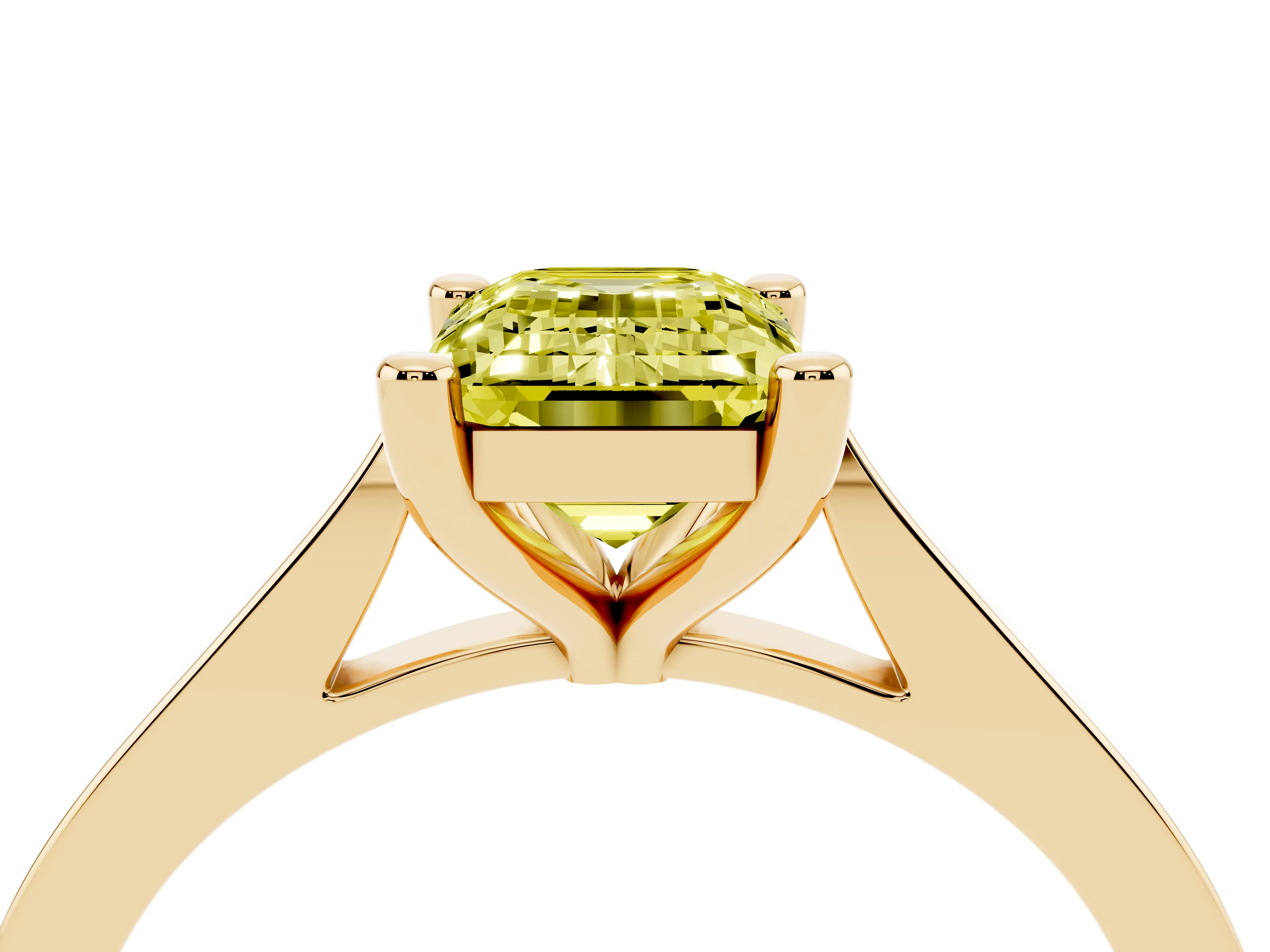 Fancy Yellow Emerald Cut Diamond Solitaire Ring Set in Yellow gold with Prong Setting and Tapered Band