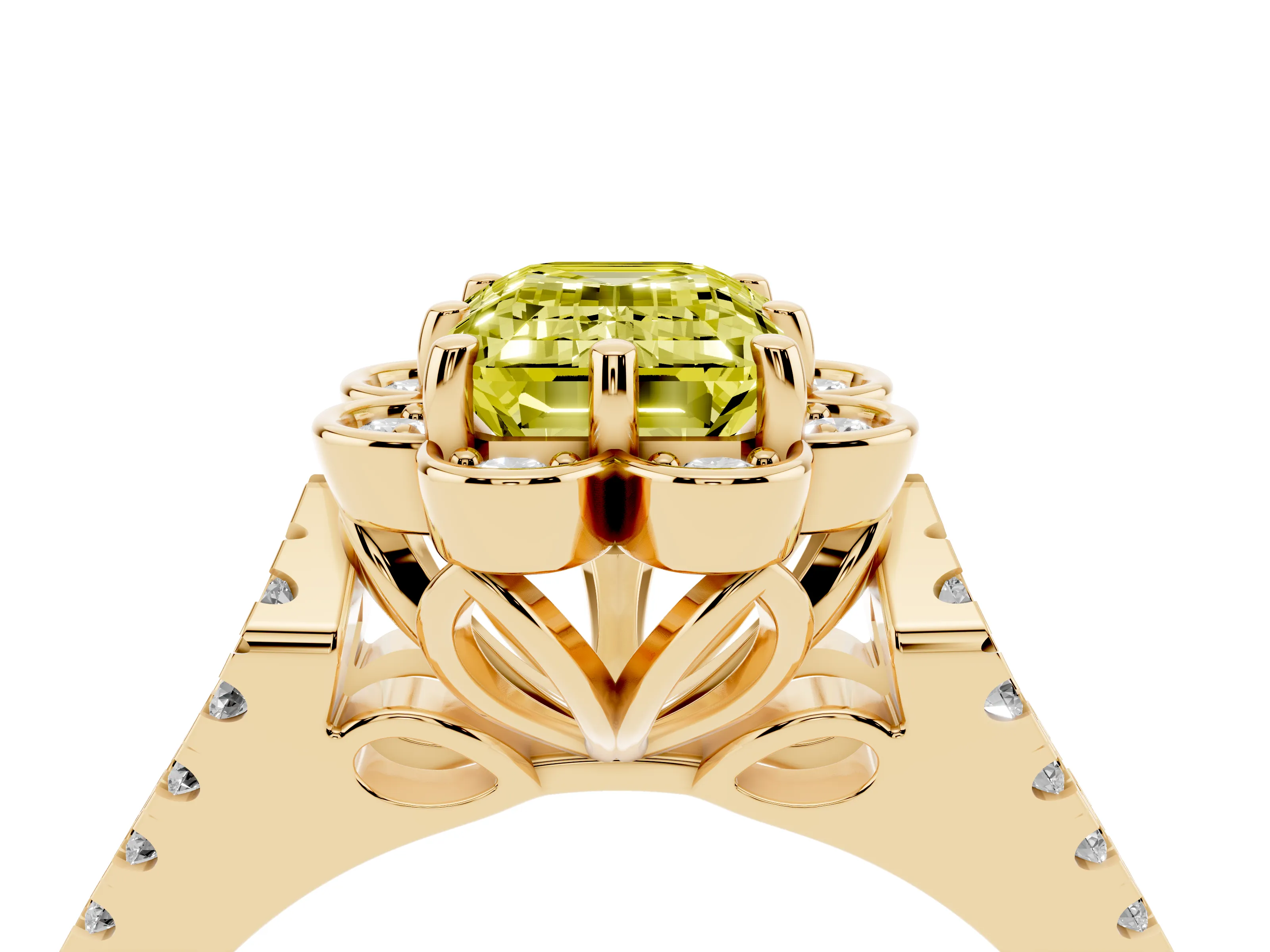 Fancy Yellow Emerald Cut Diamond Floral Halo Split Shank Engagement Ring Set in Yellow gold with Pavé Shank