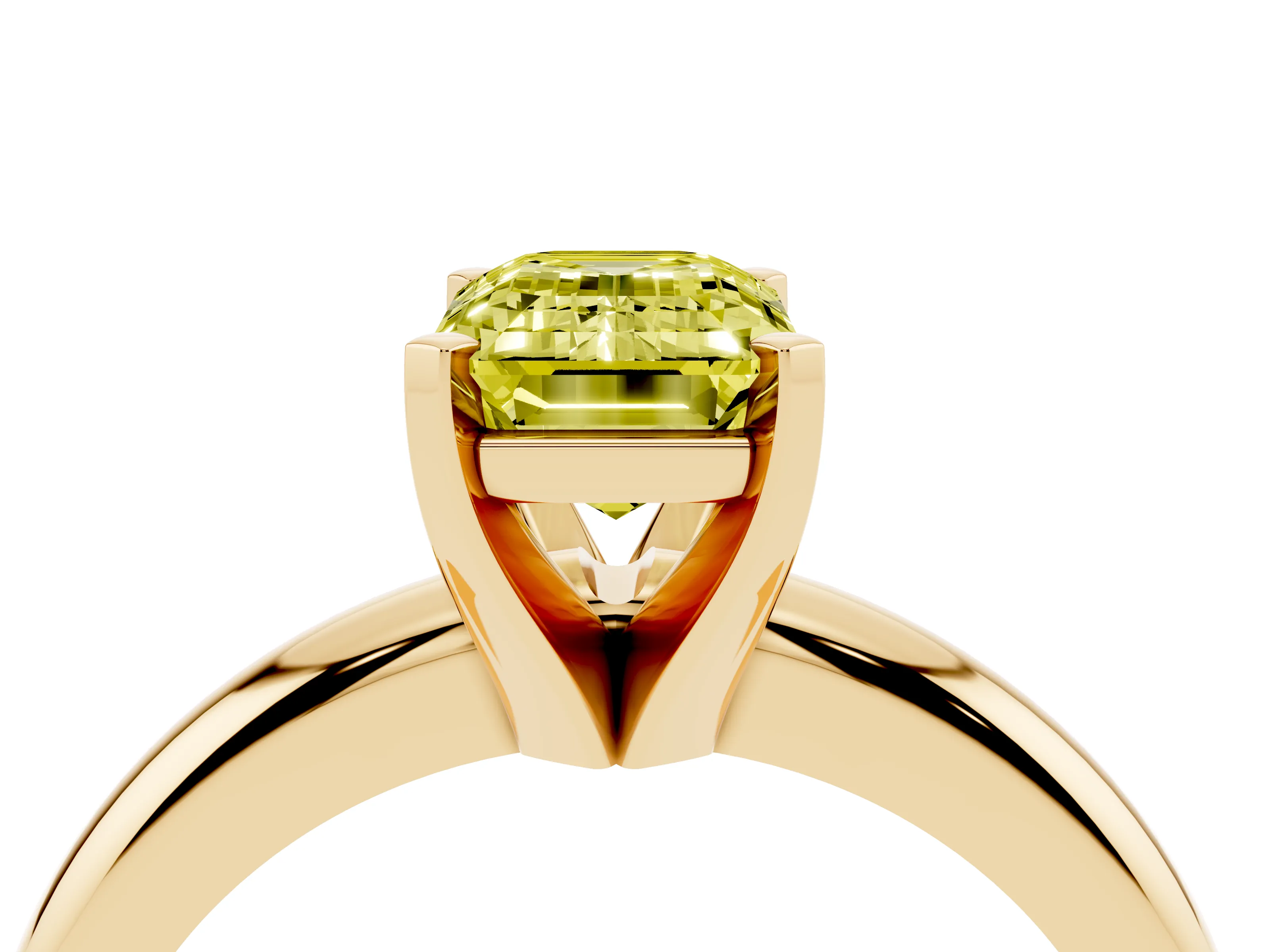 Fancy Yellow Emerald Cut Diamond Solitaire Engagement Ring Set in Yellow gold with Round Band and Prong Setting