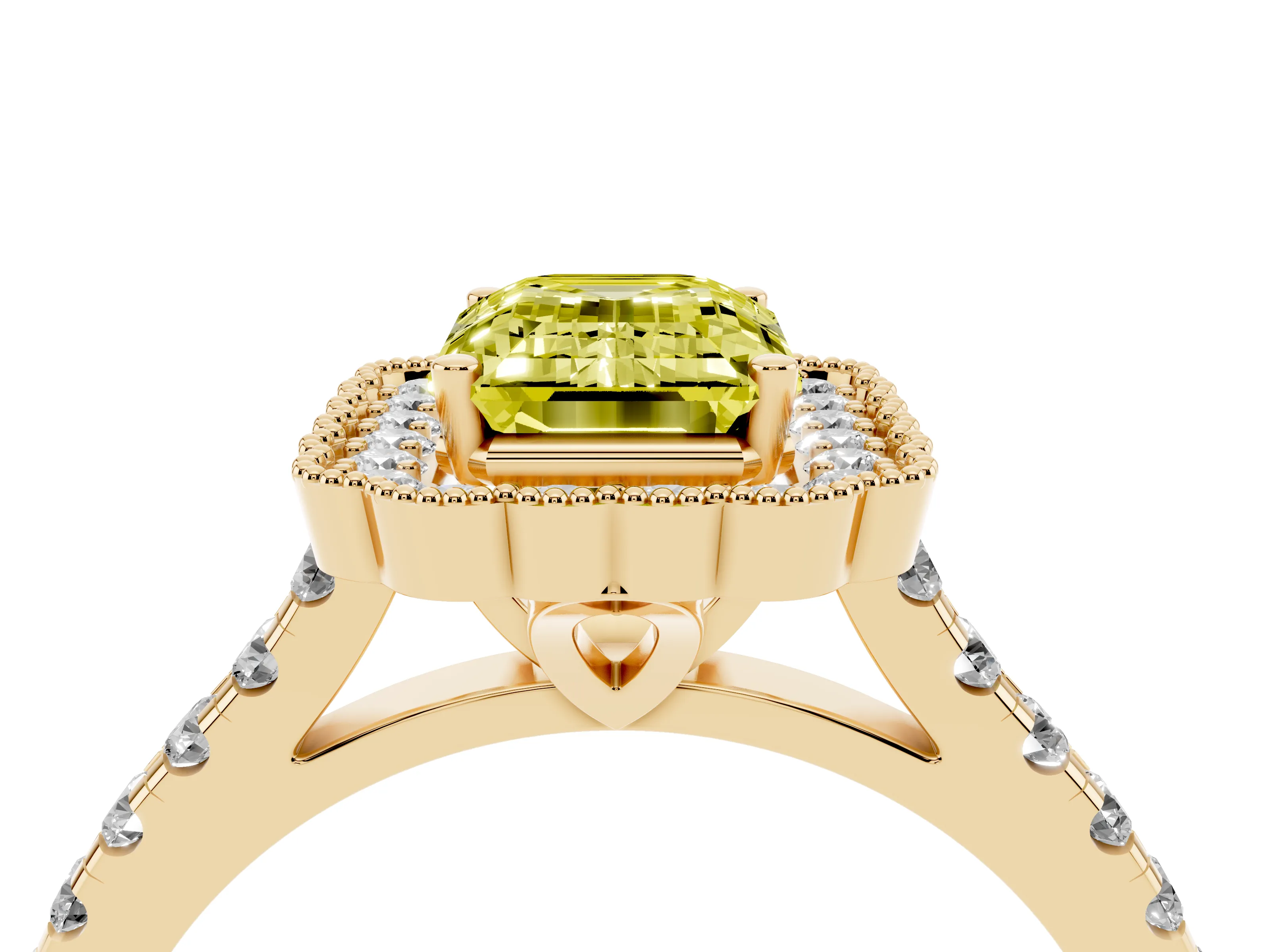 Fancy Yellow Emerald Cut Diamond Milgrain Floral Halo Engagement Ring Set in Yellow gold with Pavé Band