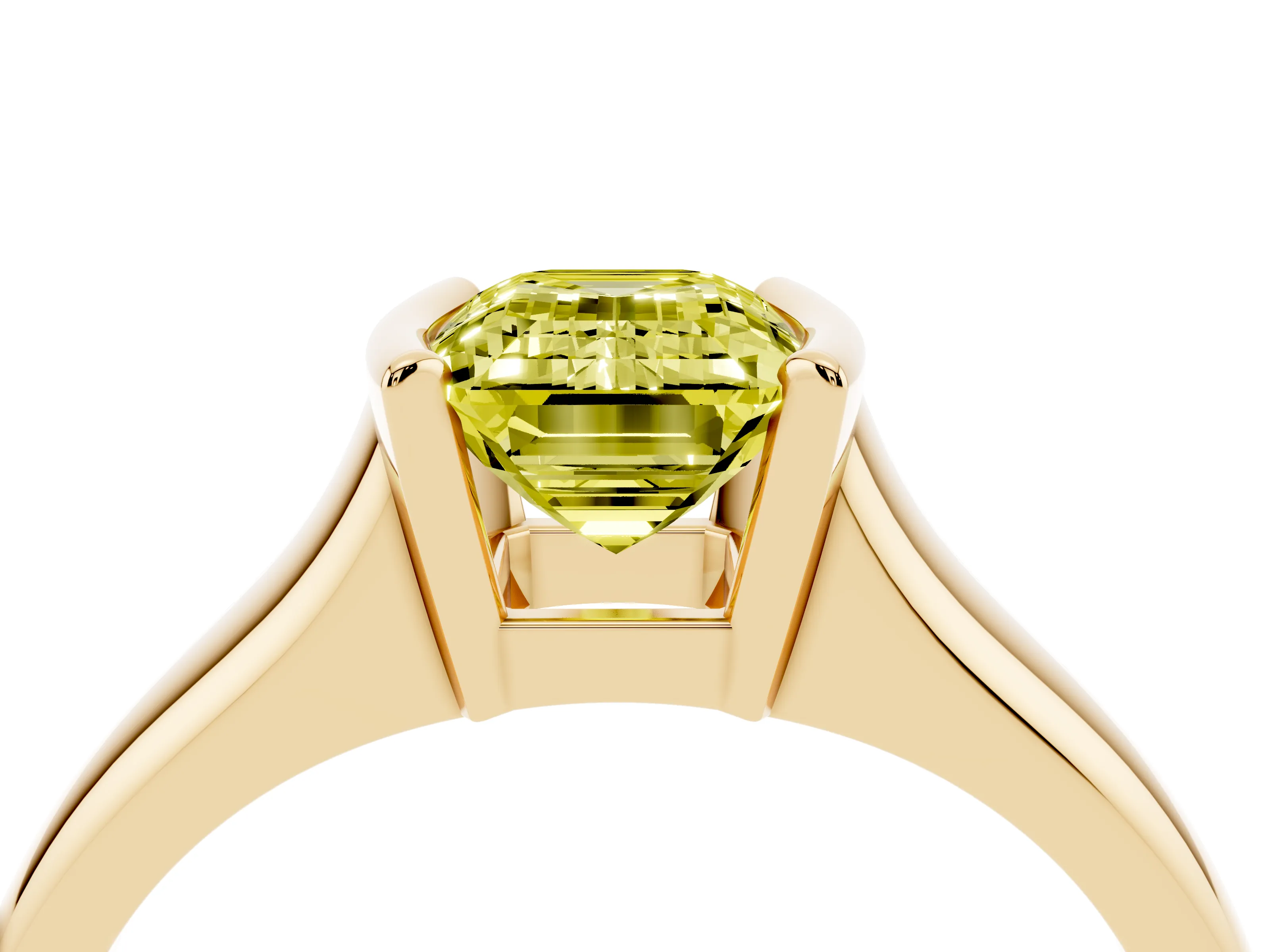 Fancy Yellow Emerald Cut Diamond Solitaire Tension Set Ring Set in Yellow gold with Split Shank Band
