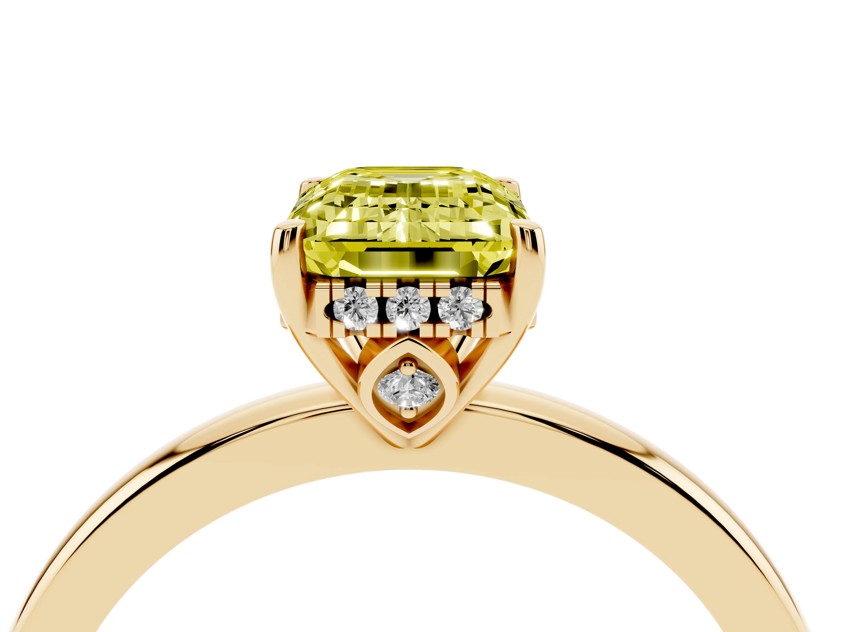 Fancy Yellow Emerald Cut Diamond Solitaire Ring Set in Yellow gold with Plain Band and Prong Setting