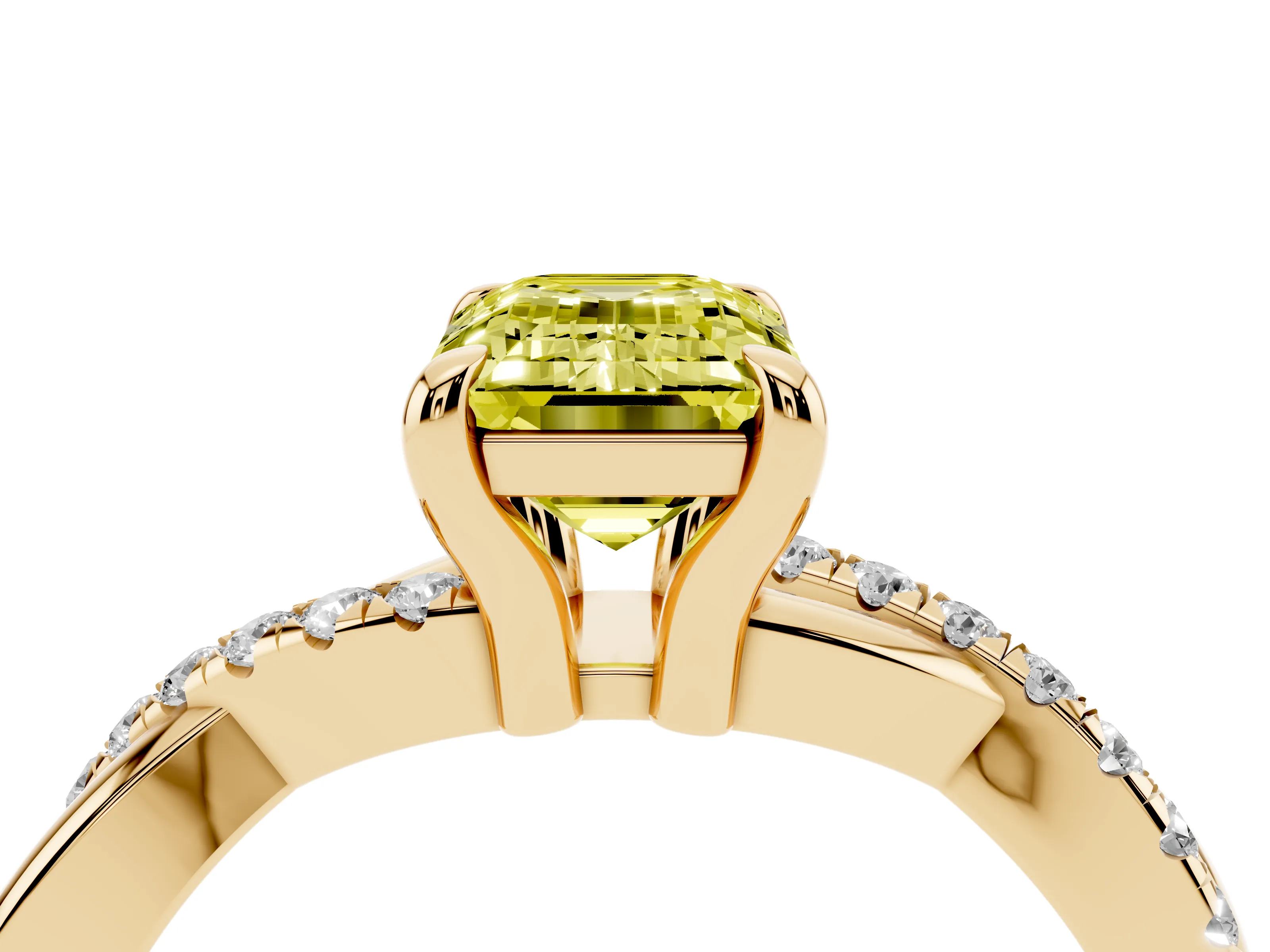 Fancy Yellow Emerald Cut Diamond Twist Band Solitaire Set in Yellow gold with Pavé Accents and Prong Setting
