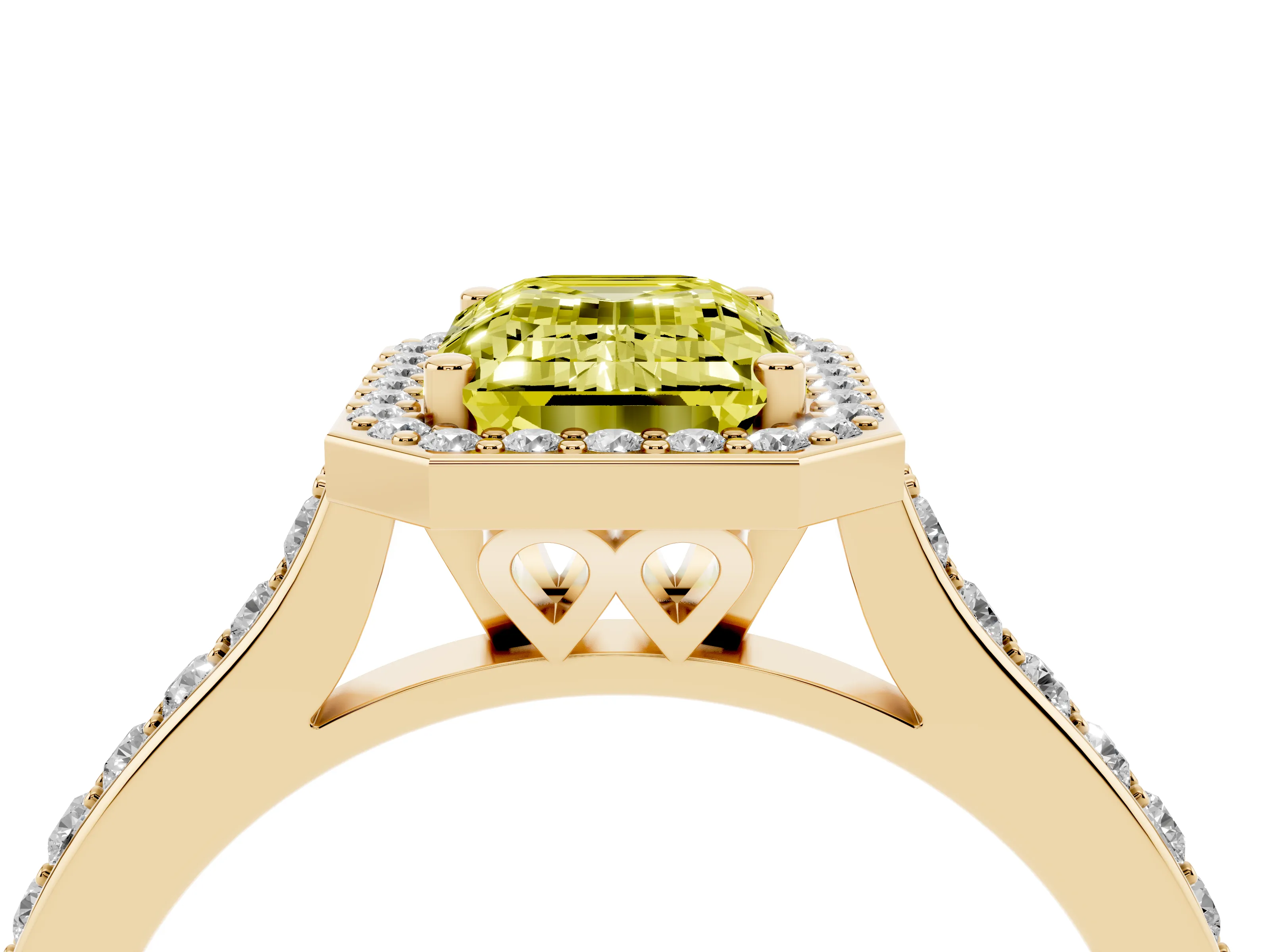 Fancy Yellow Emerald Cut Diamond Halo Engagement Ring Set in Yellow gold with Round Pavé Shoulders and Heart Gallery