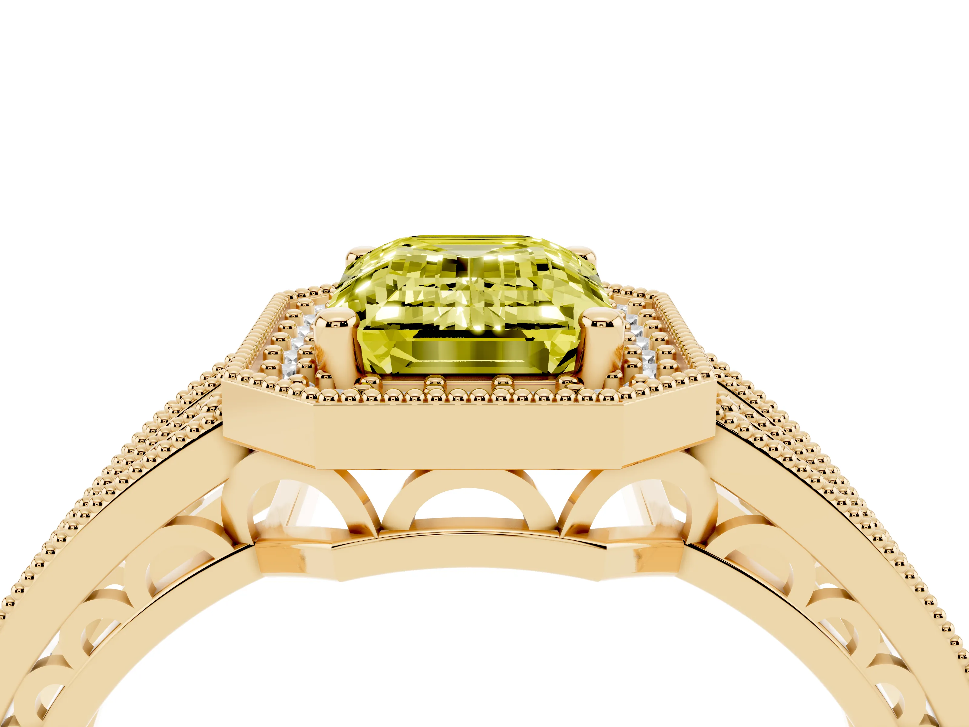 Fancy Yellow Emerald Cut Diamond Halo Ring Set in Yellow gold with Accent Split Shank and Prong Setting