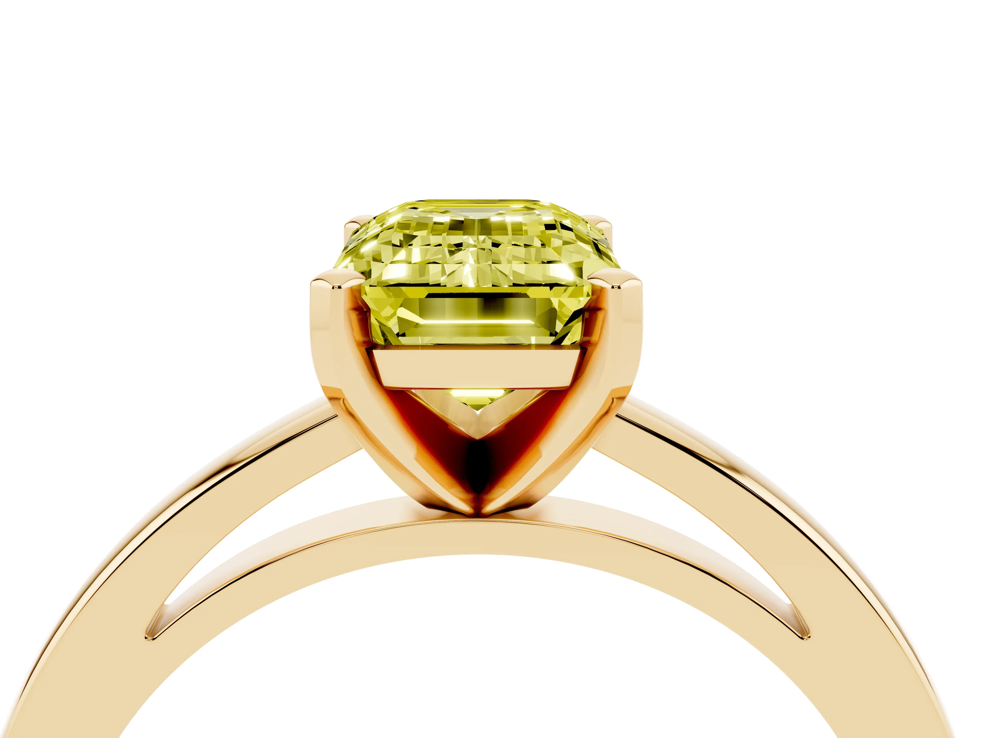Fancy Yellow Emerald Cut Diamond Solitaire Engagement Ring Set in Yellow gold with Prong Setting on a Classic Band