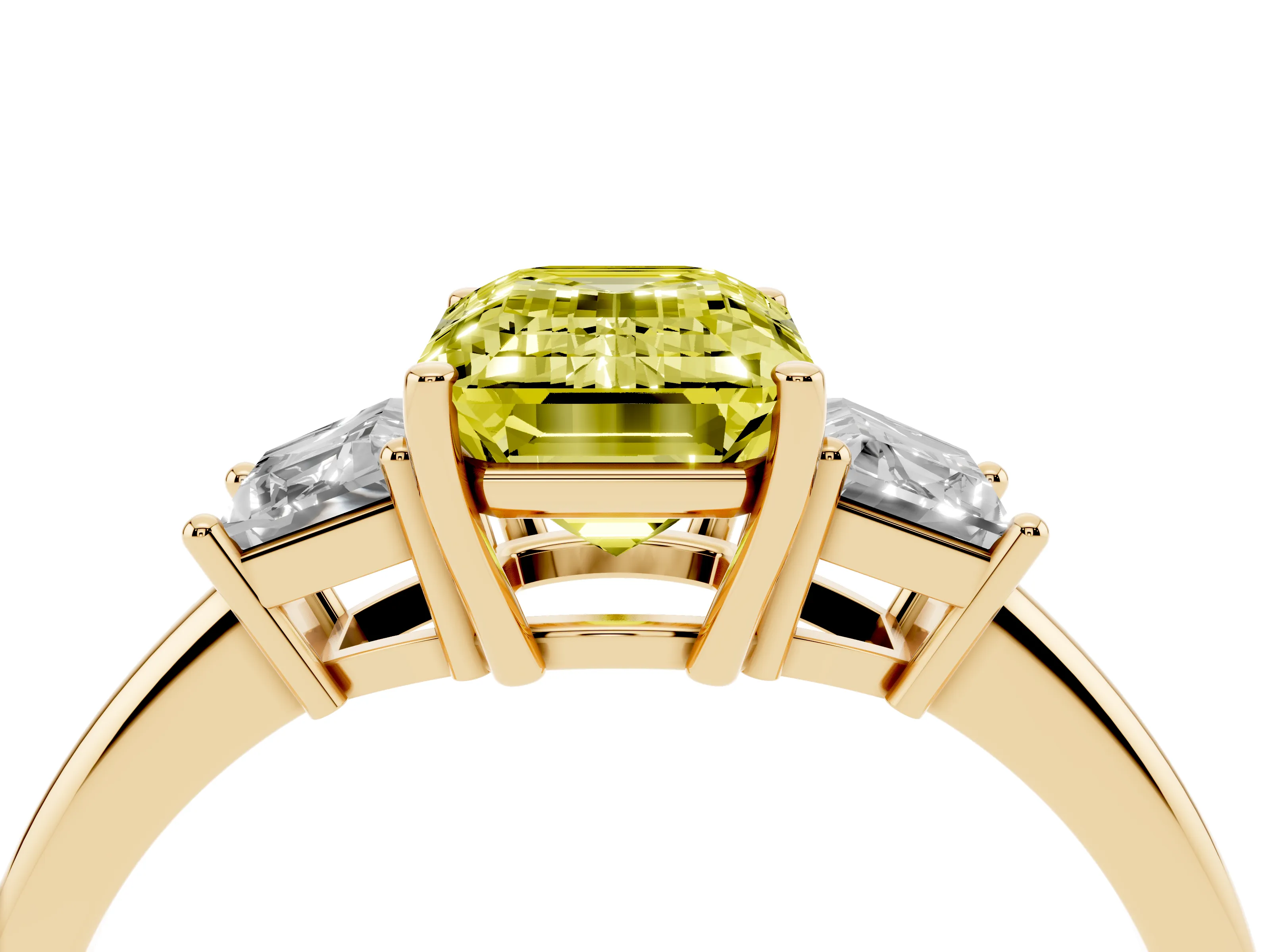 Fancy Yellow Emerald Cut Diamond Three-Stone Ring Set in Yellow gold with Trapezoid Side Stones and Prong Setting