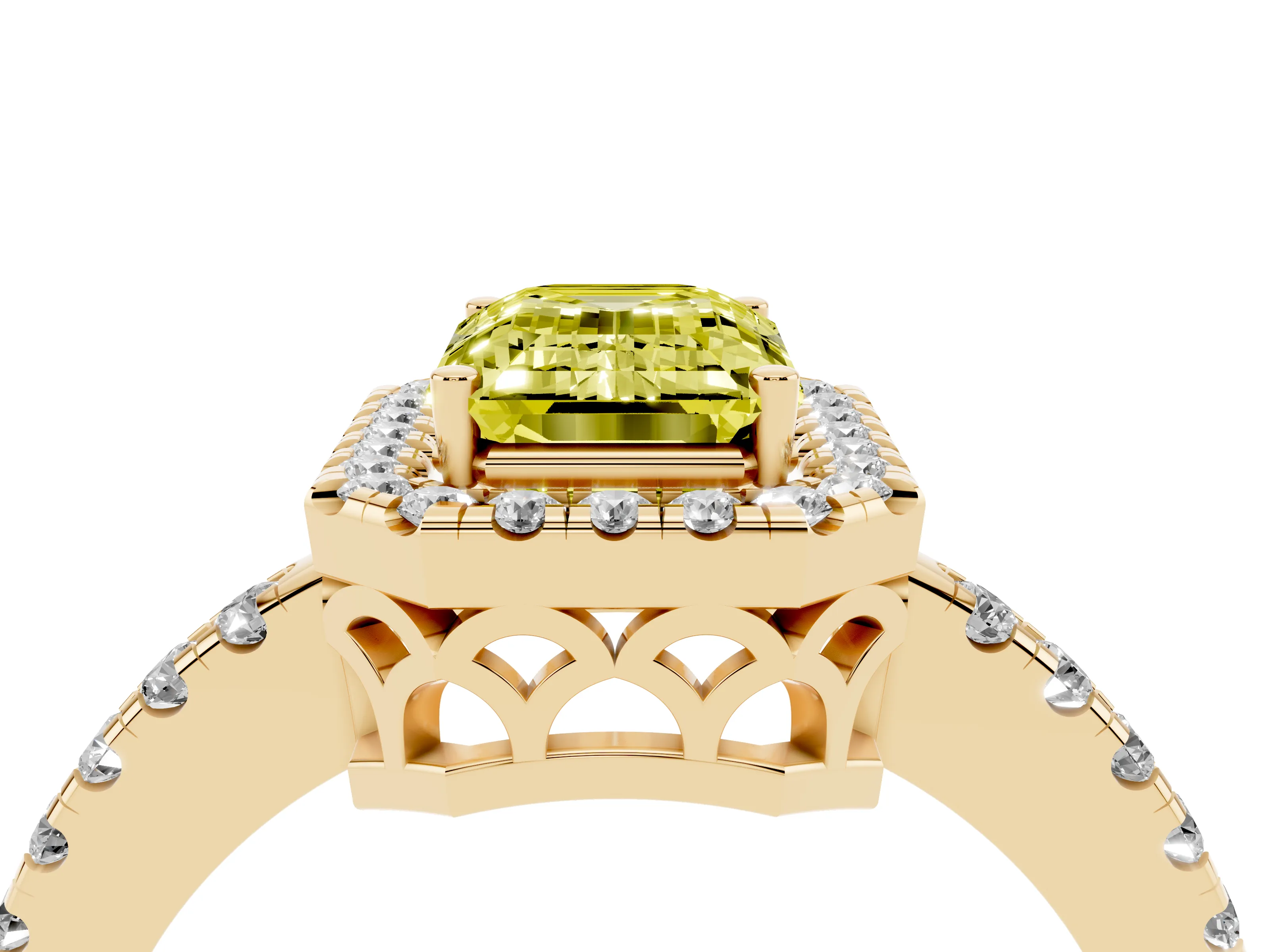 Fancy Yellow Emerald Cut Diamond Pavé Band Halo Engagement Ring Set in Yellow gold with Prong Setting