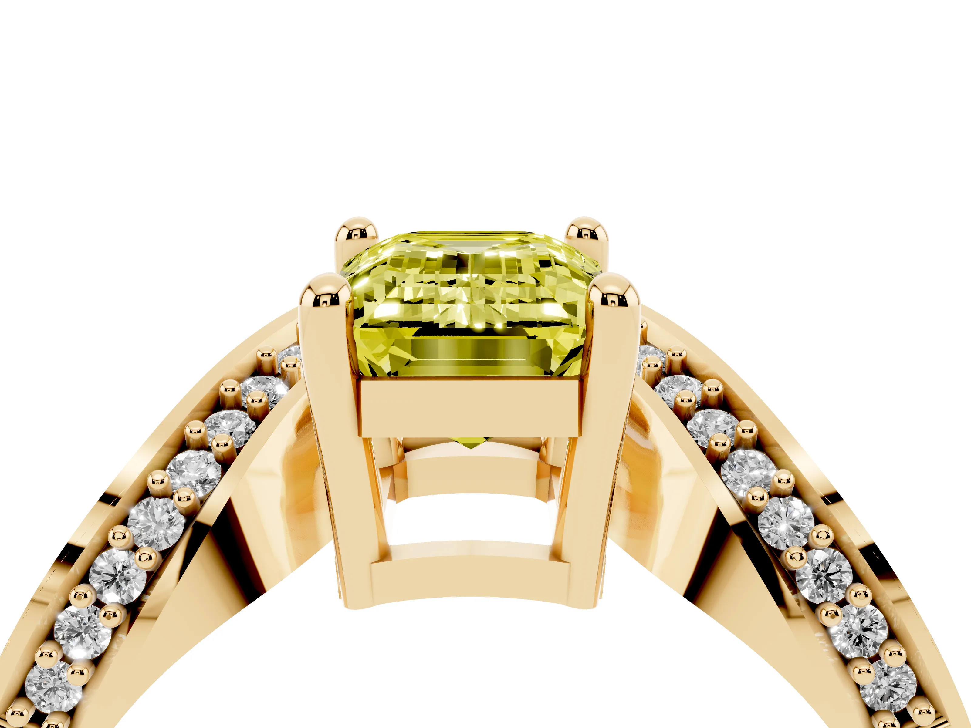 Fancy Yellow Emerald Cut Diamond Solitaire Engagement Ring Set in Yellow gold with Pavé Shoulders