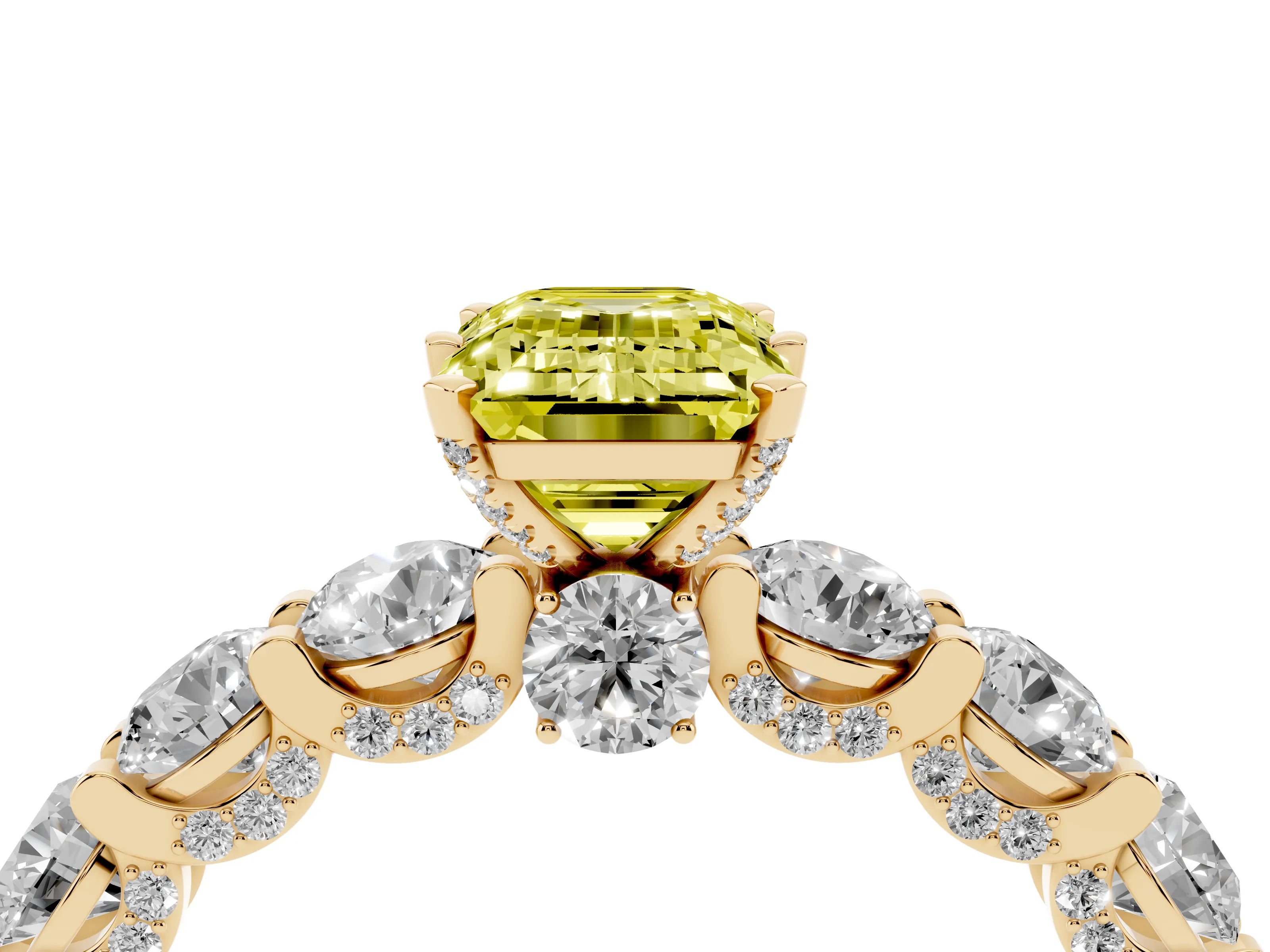 Fancy Yellow Emerald Cut Diamond Side Stone Ring Set in Yellow gold with Alternating Round and Oval Side Stones