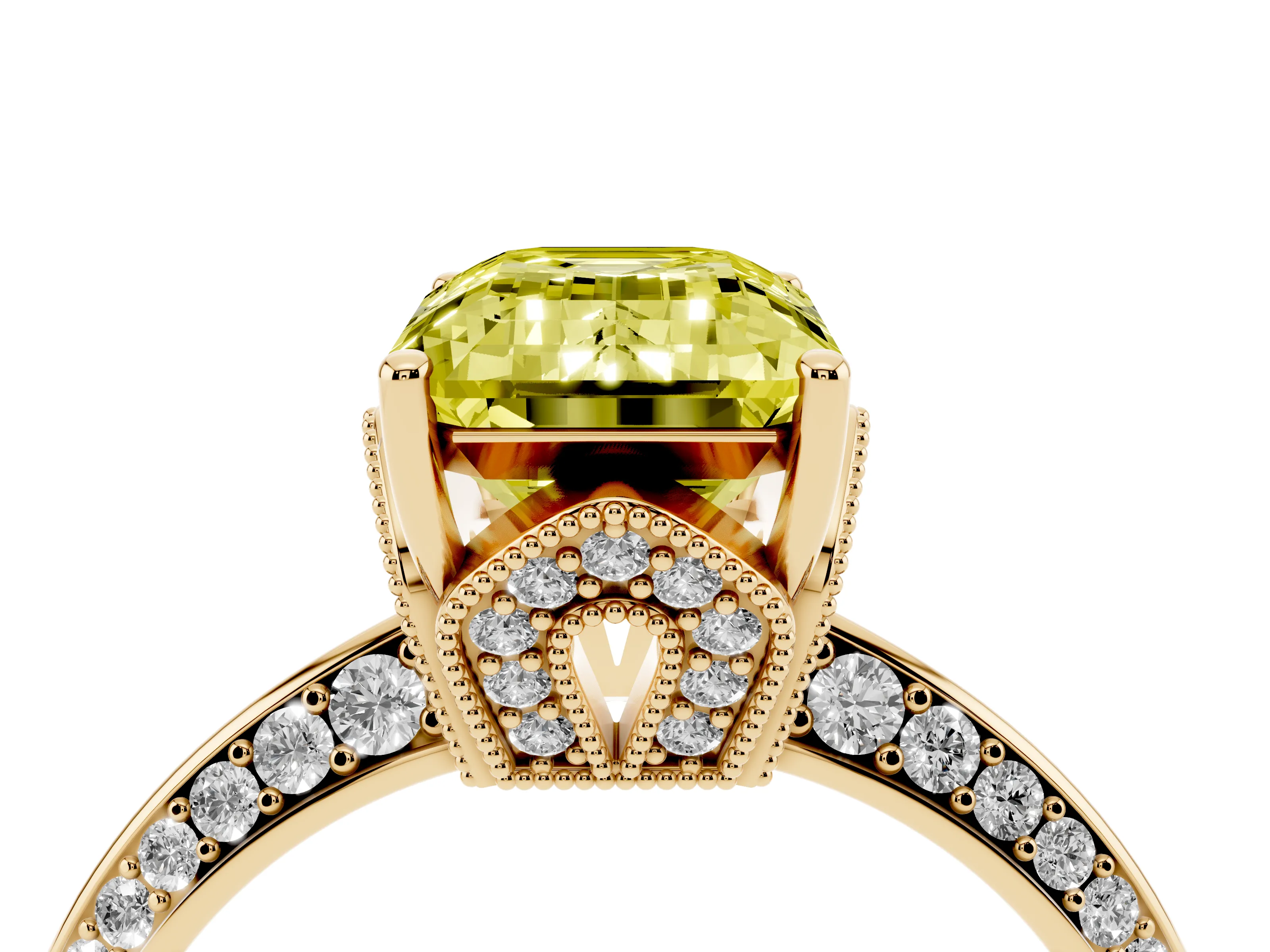 Fancy Yellow Emerald Cut Diamond Solitaire Engagement Ring Set in Yellow gold with Pavé Split Shank and Prong Setting