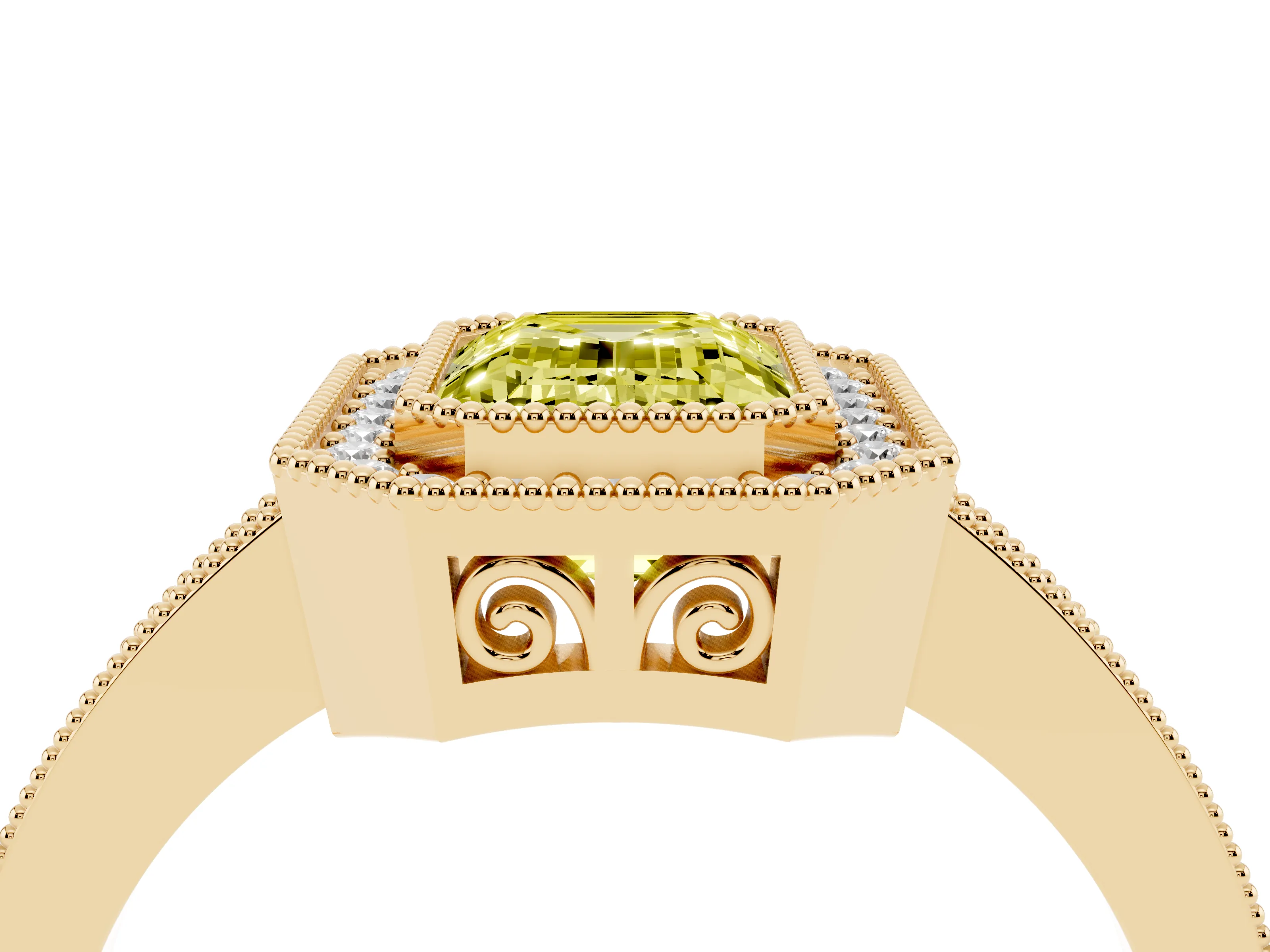 Fancy Yellow Emerald Cut Diamond Round Halo Ring Set in Yellow gold with Pavé Band