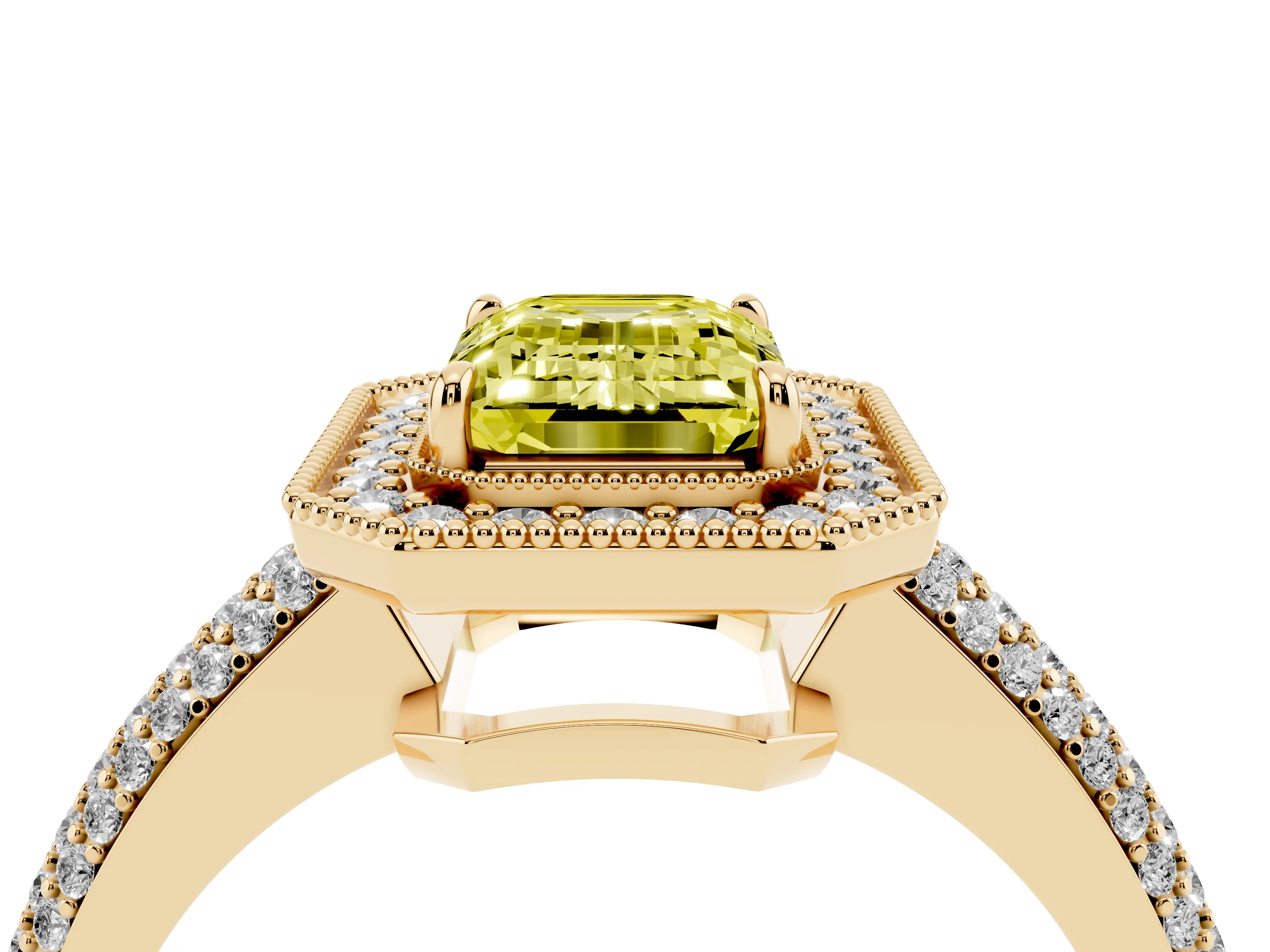 Fancy Yellow Emerald Cut Diamond Halo Pavé Band Set in Yellow gold with Prong Setting