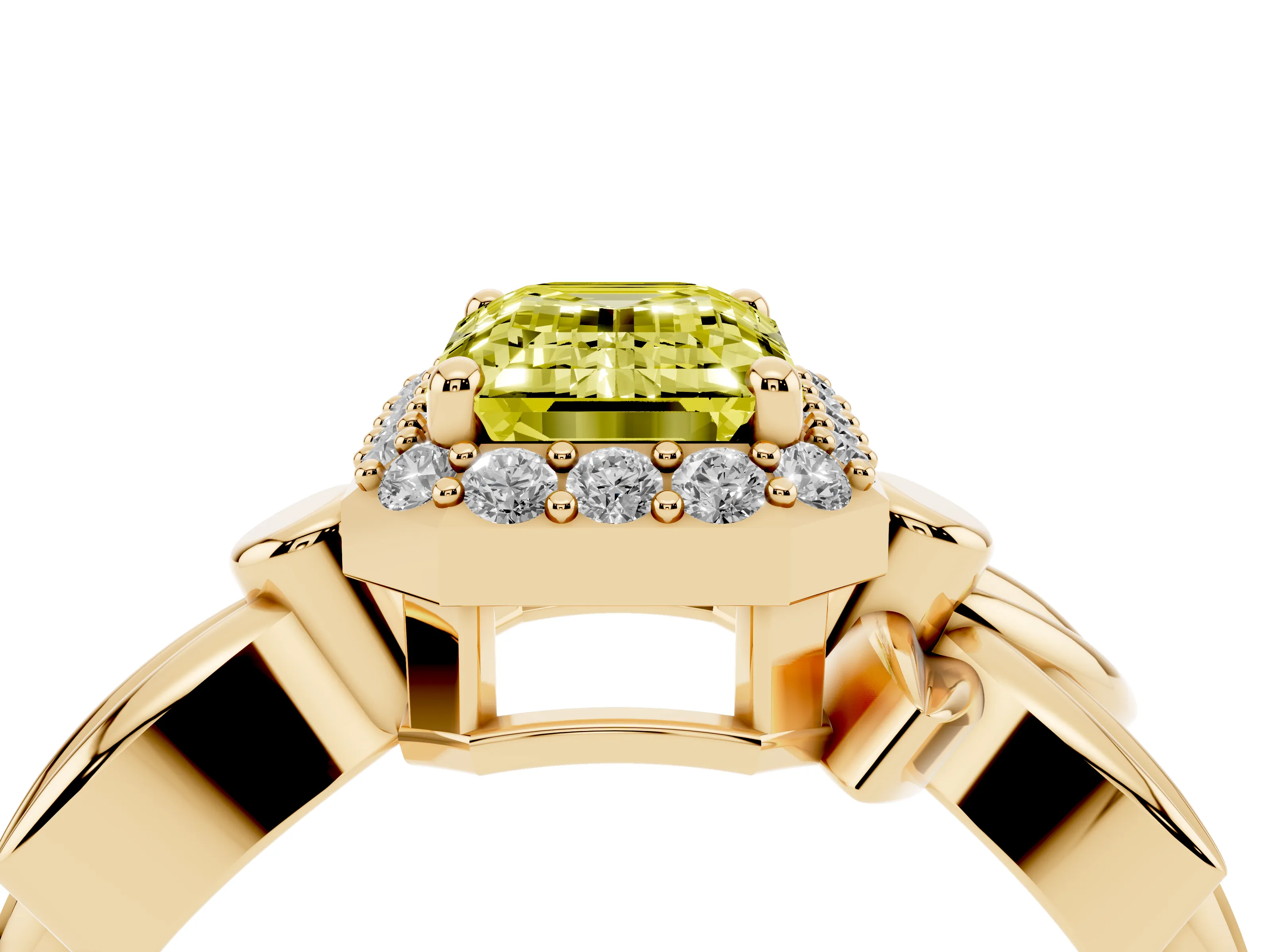 Fancy Yellow Emerald Cut Diamond Halo Floral Band Ring Set in Yellow gold with Prong Setting
