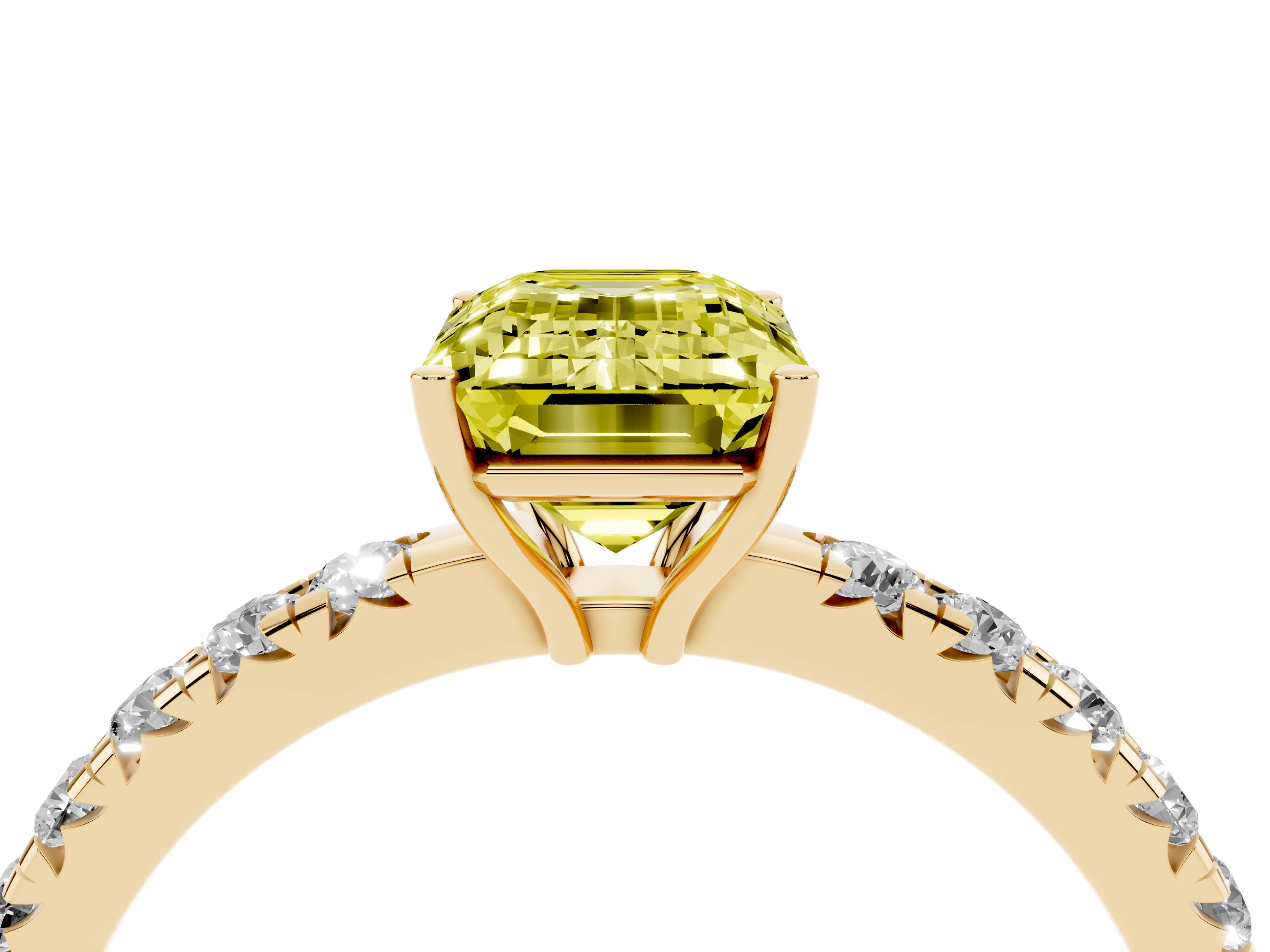 Fancy Yellow Emerald Cut Diamond Pavé Solitaire Engagement Ring Set in Yellow gold with Prong Setting
