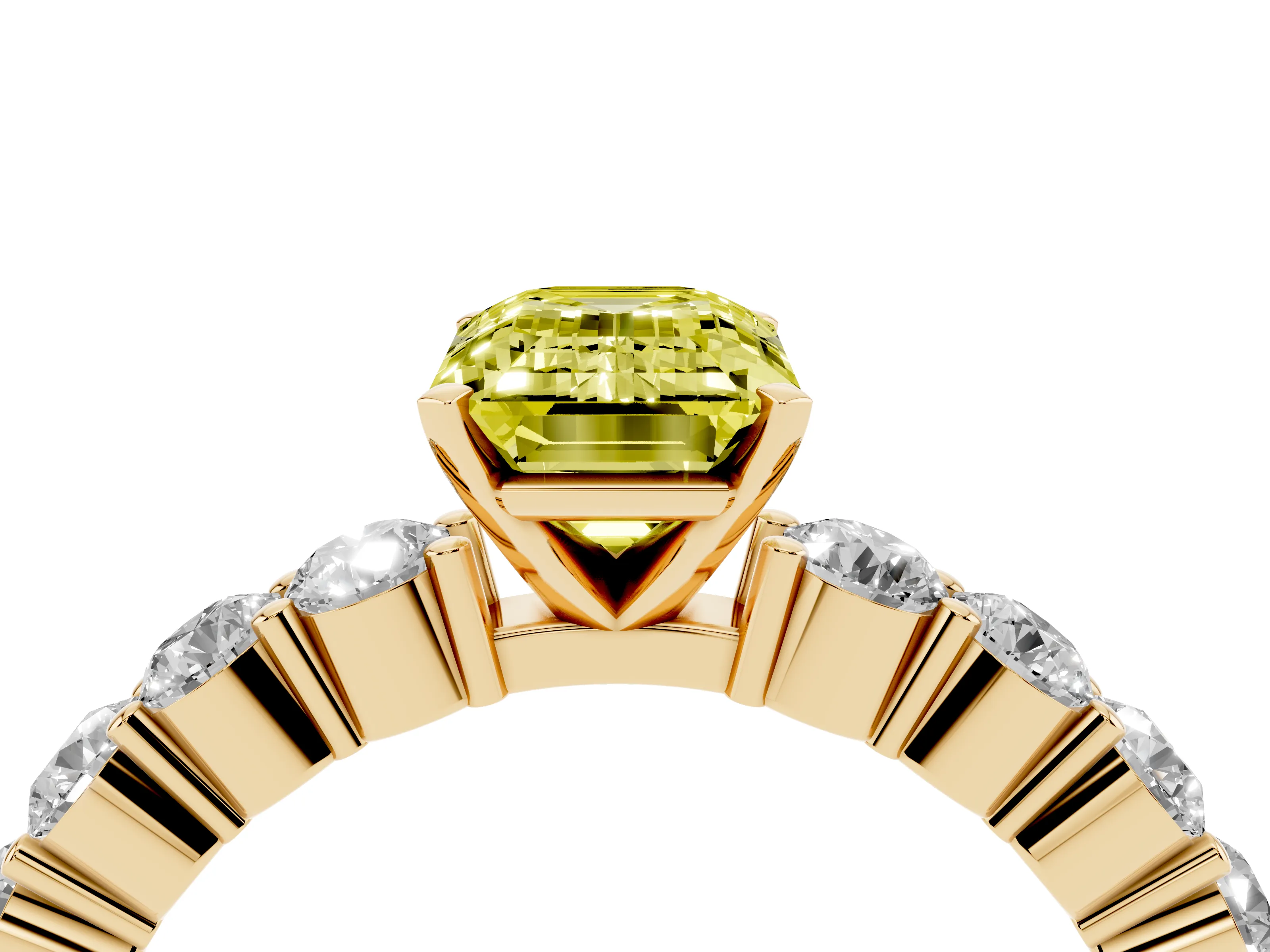 Fancy Yellow Emerald Cut Diamond Solitaire Ring Set in Yellow gold with Shared Prong Round Side Stones