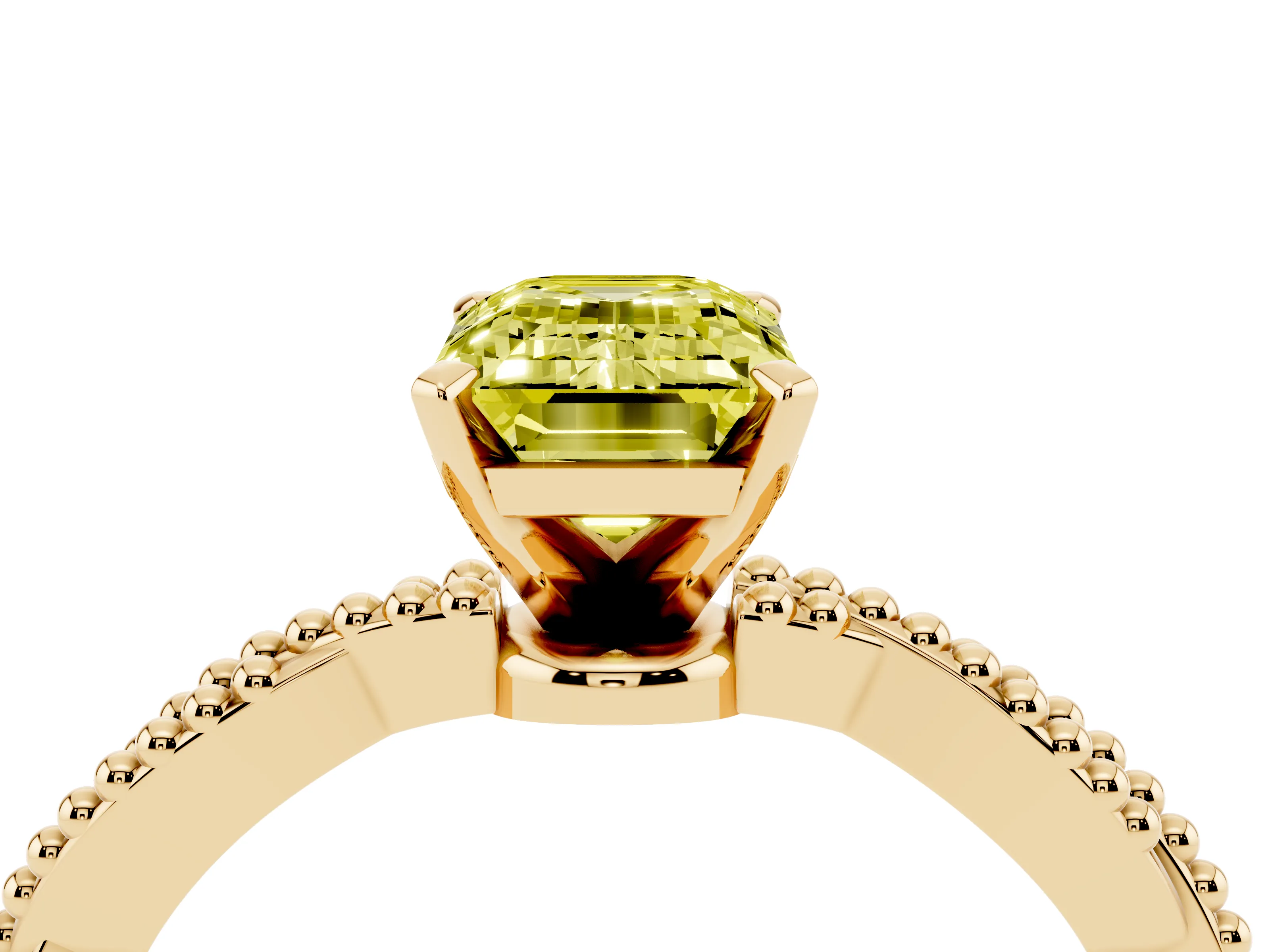 Fancy Yellow Emerald Cut Diamond Solitaire Ring Set in Yellow gold with Twisted Band and Bead Prong Setting