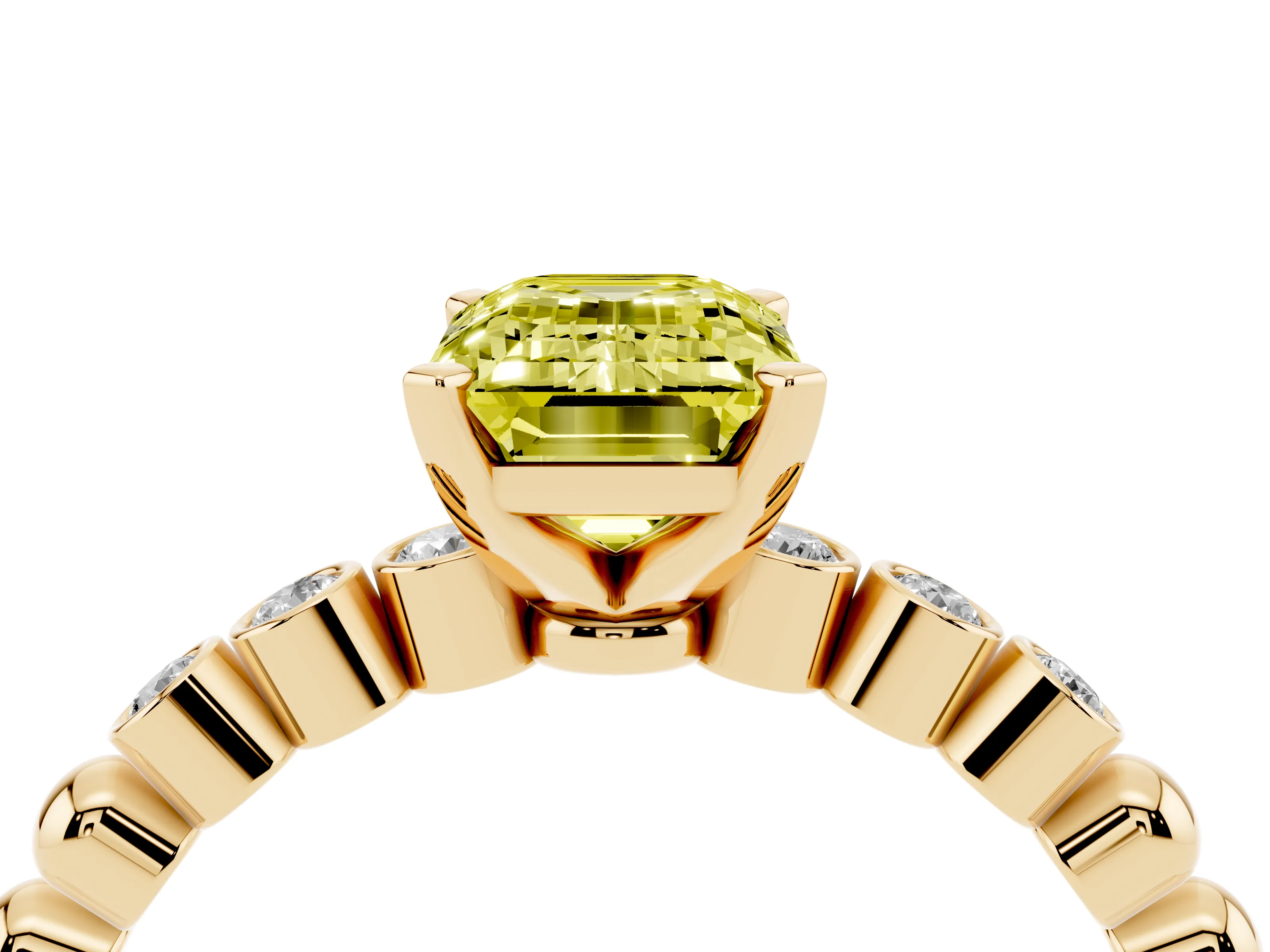 Fancy Yellow Emerald Cut Diamond Solitaire Engagement Ring Set in Yellow gold with Bezel Accents on Beaded Band