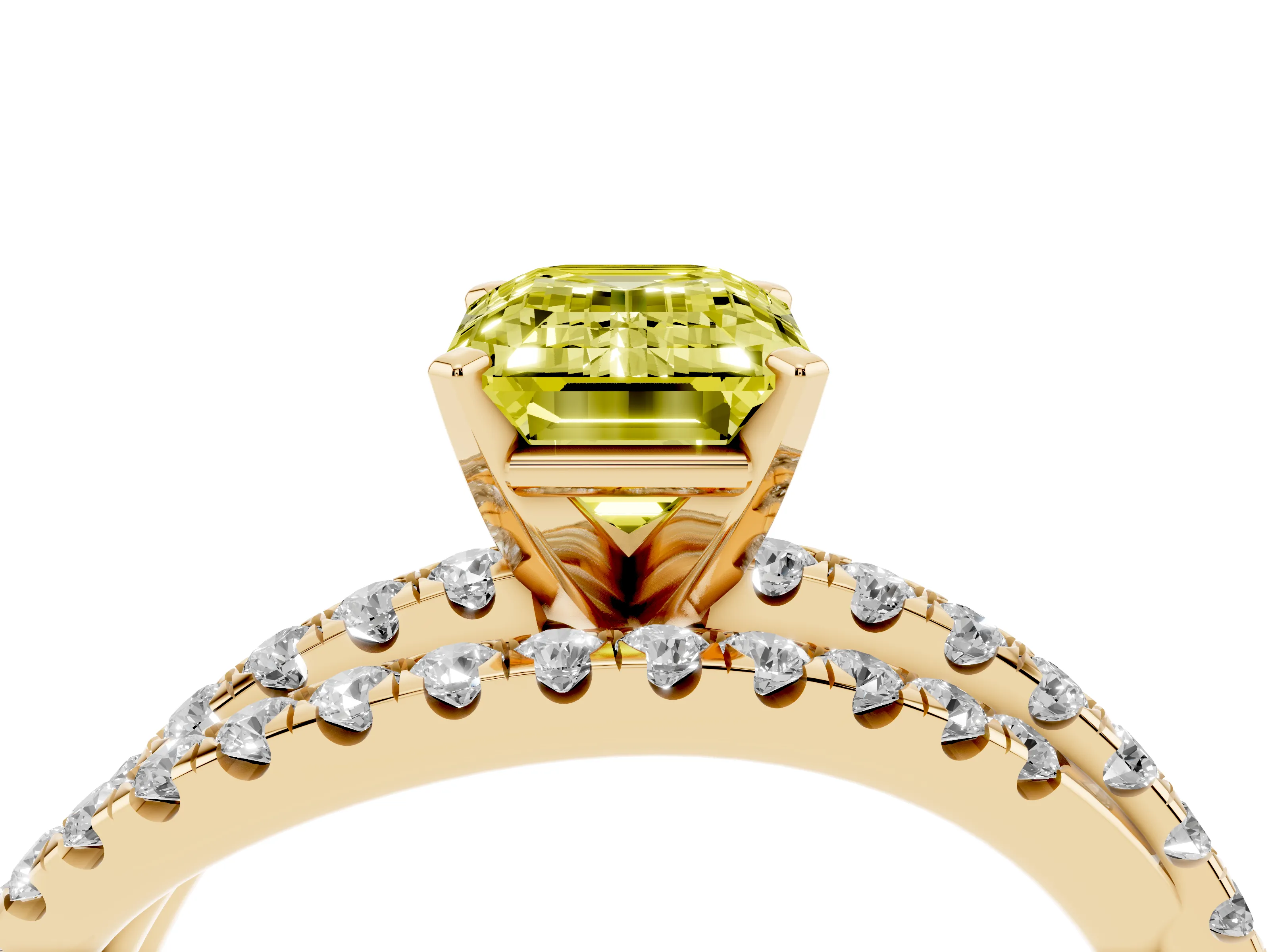 Fancy Yellow Emerald Cut Diamond Solitaire Twist Band Ring Set in Yellow gold with Pavé Setting and Prong Head