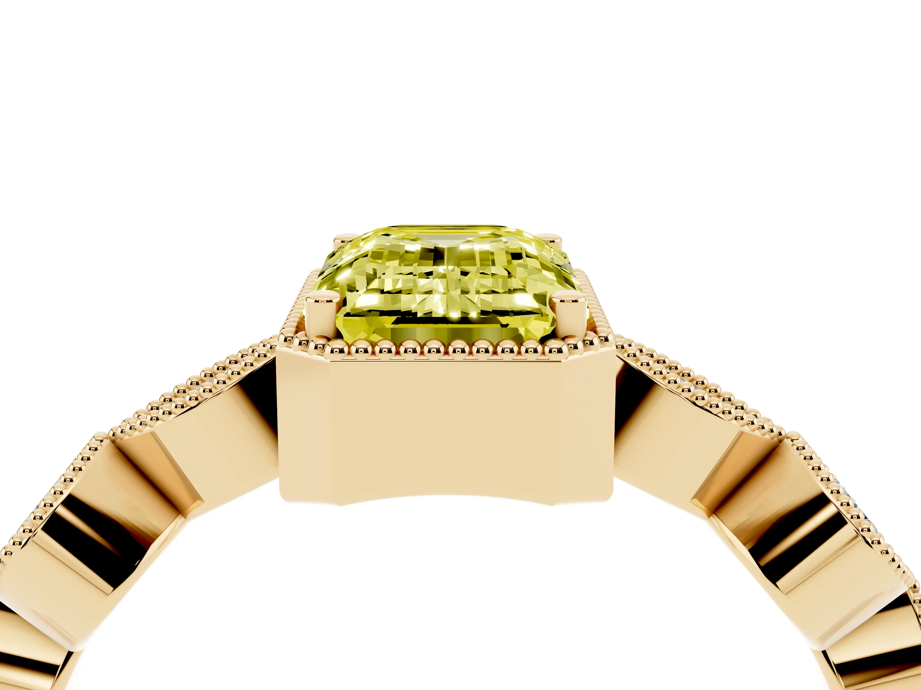 Fancy Yellow Emerald Cut Diamond Vintage-Inspired Milgrain Ring Set in Yellow gold with Marquise Stations of Round Accents