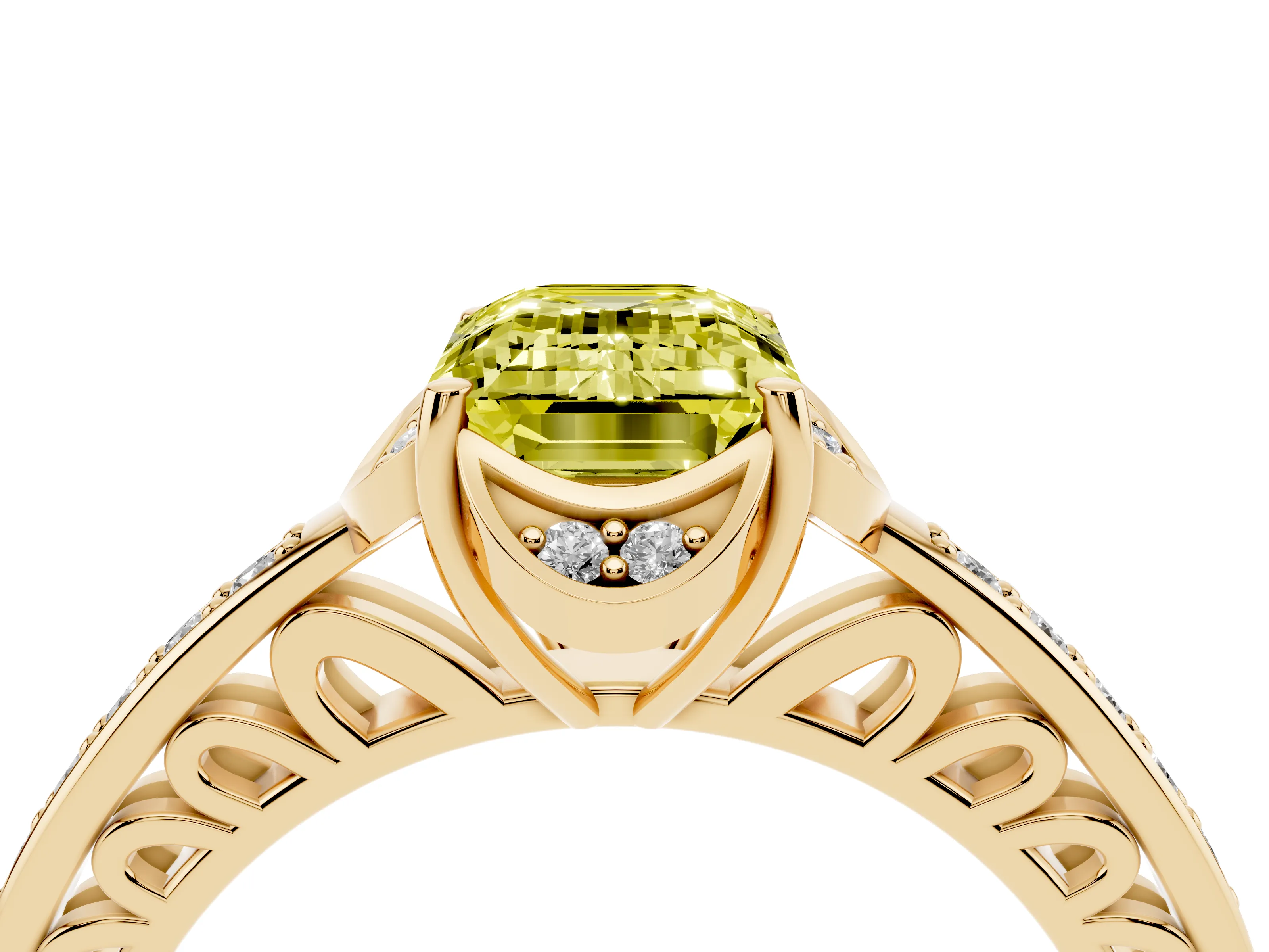 Fancy Yellow Emerald Cut Diamond Halo Ring Set in Yellow gold with Channel Set Band and Prong Setting