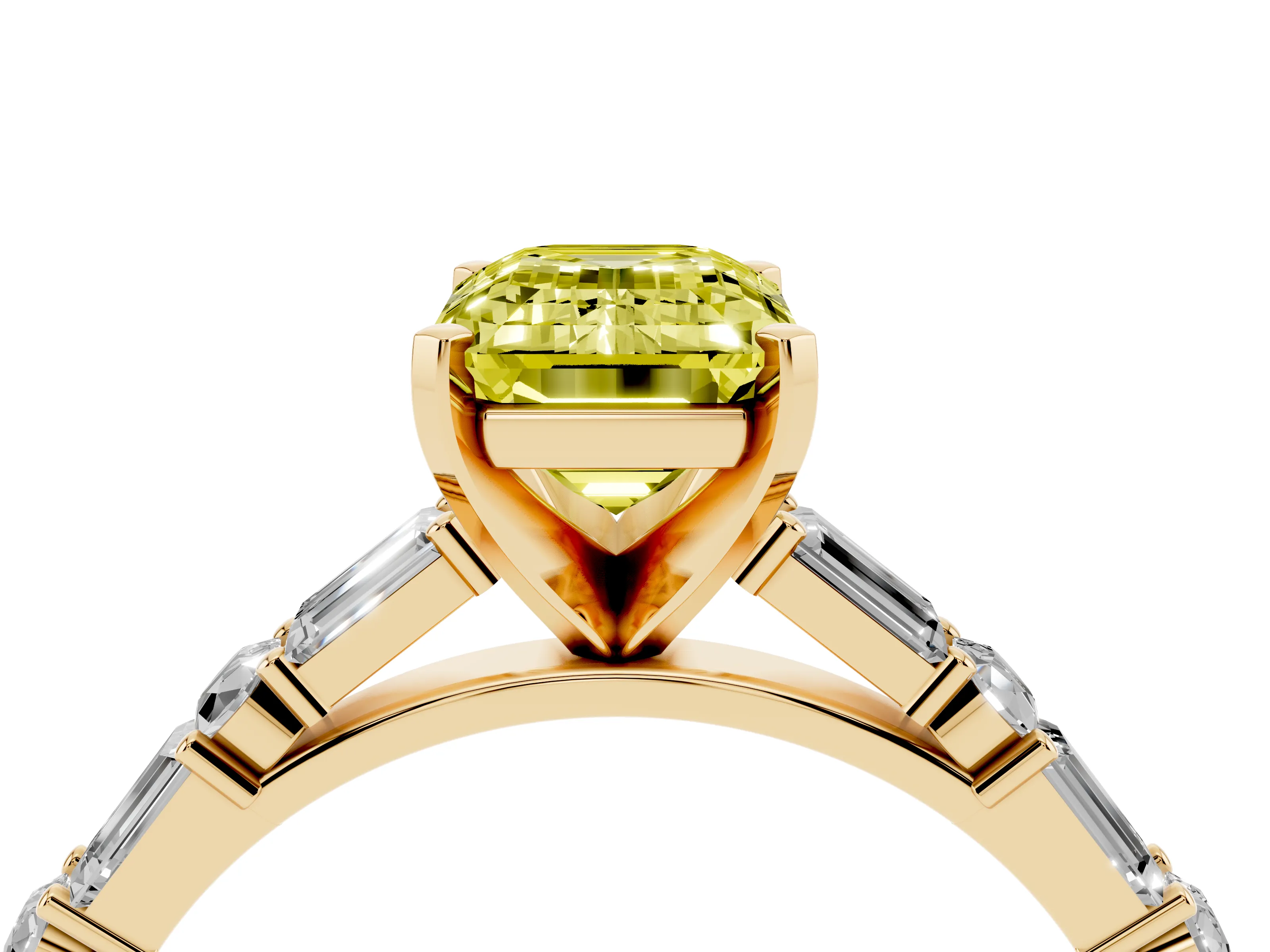 Fancy Yellow Emerald Cut Diamond Solitaire Set in Yellow gold with Side Baguettes and Channel Set Band