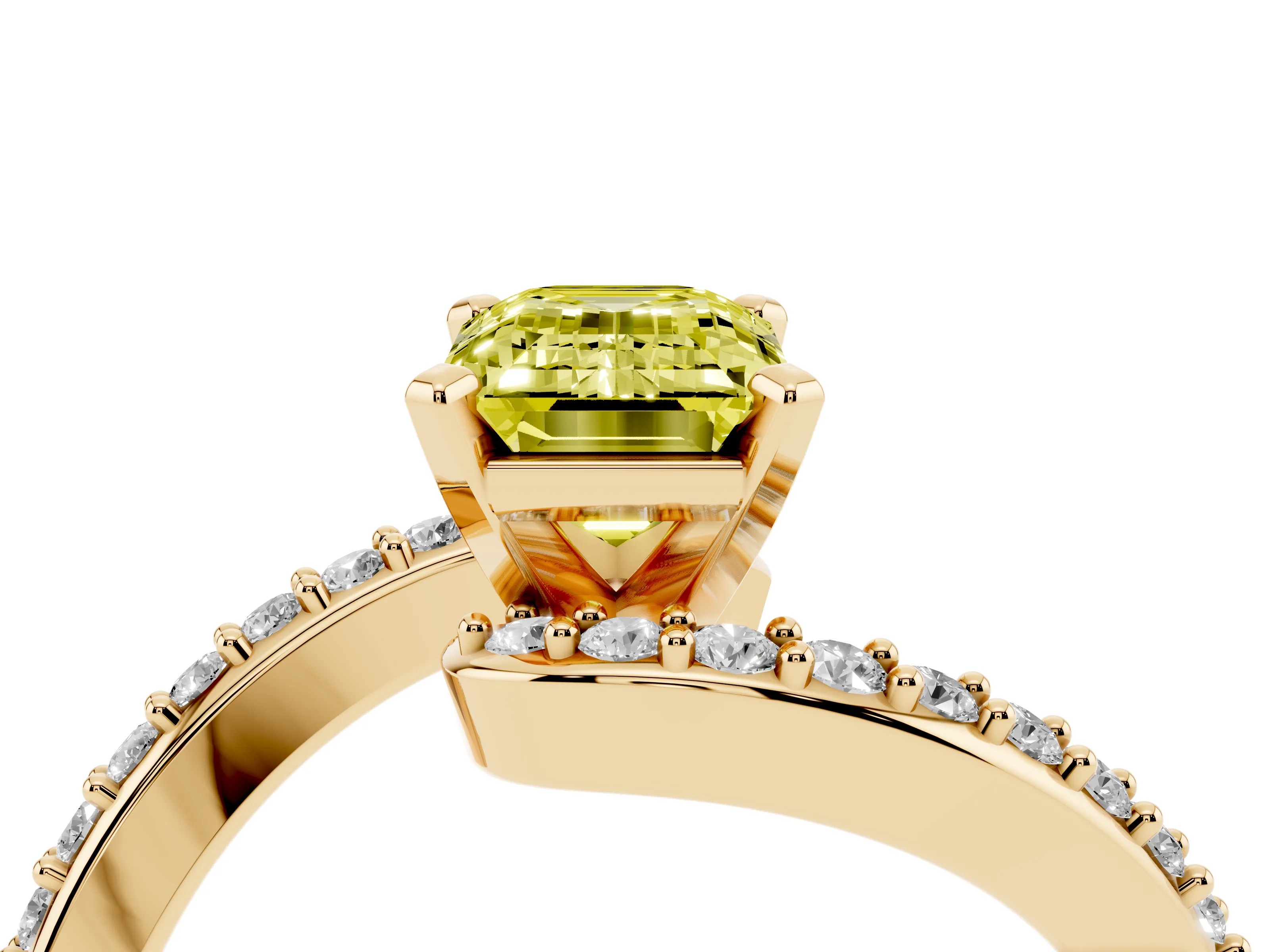 Fancy Yellow Emerald Cut Diamond Solitaire Ring Set in Yellow gold with Pavé Twist Band and Prong Setting