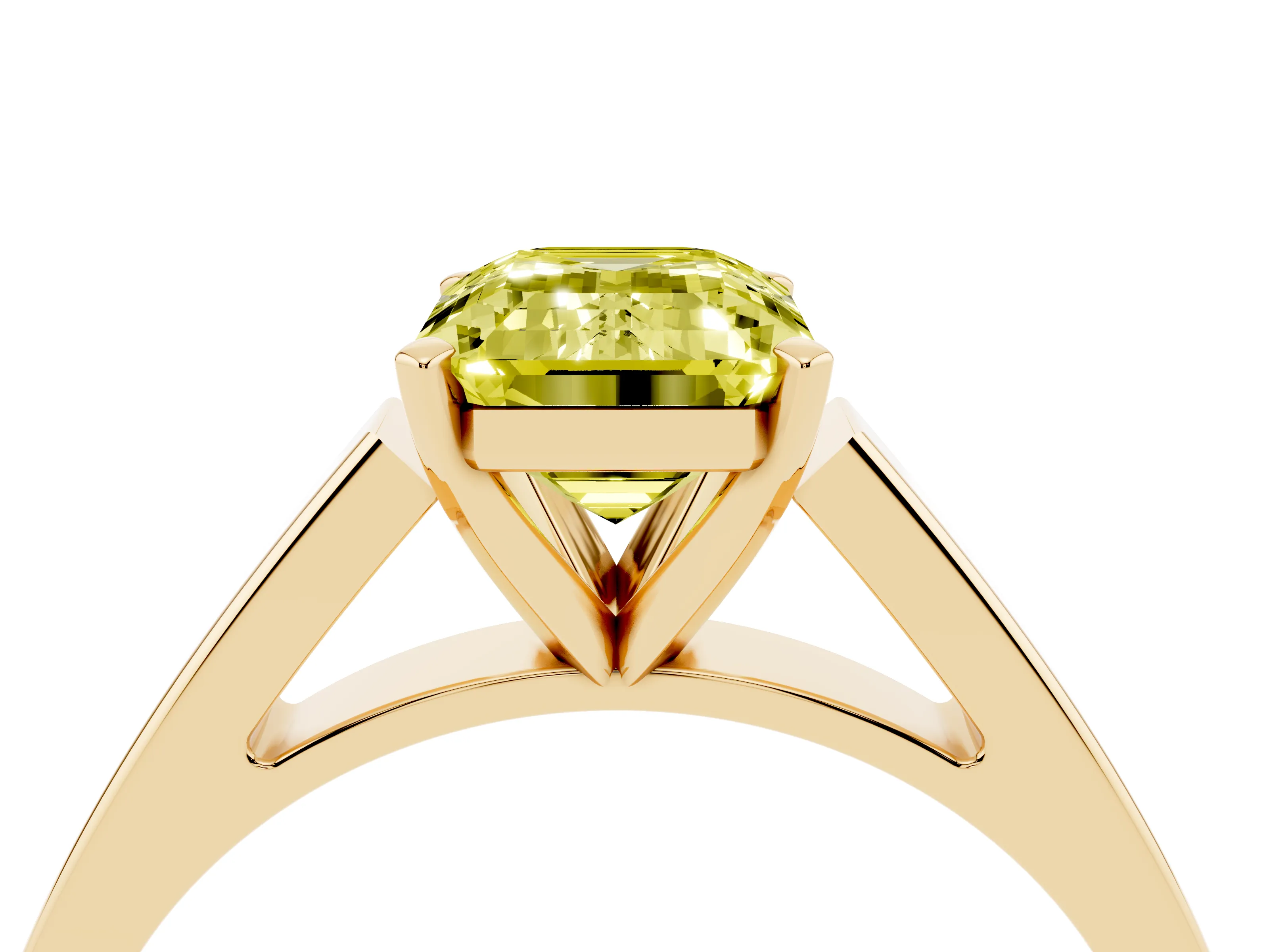 Fancy Yellow Emerald Cut Diamond Solitaire Engagement Ring Set in Yellow gold with Prong Setting and Tapered Band