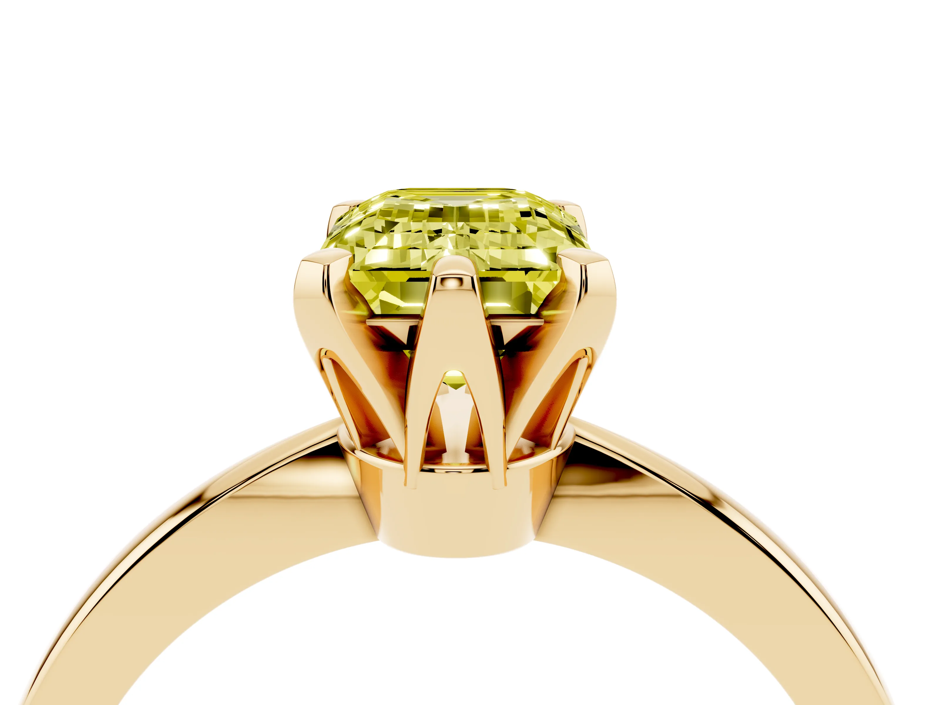 Fancy Yellow Emerald Cut Diamond Solitaire Engagement Ring Set in Yellow gold with Slim Tapered Solitaire Band