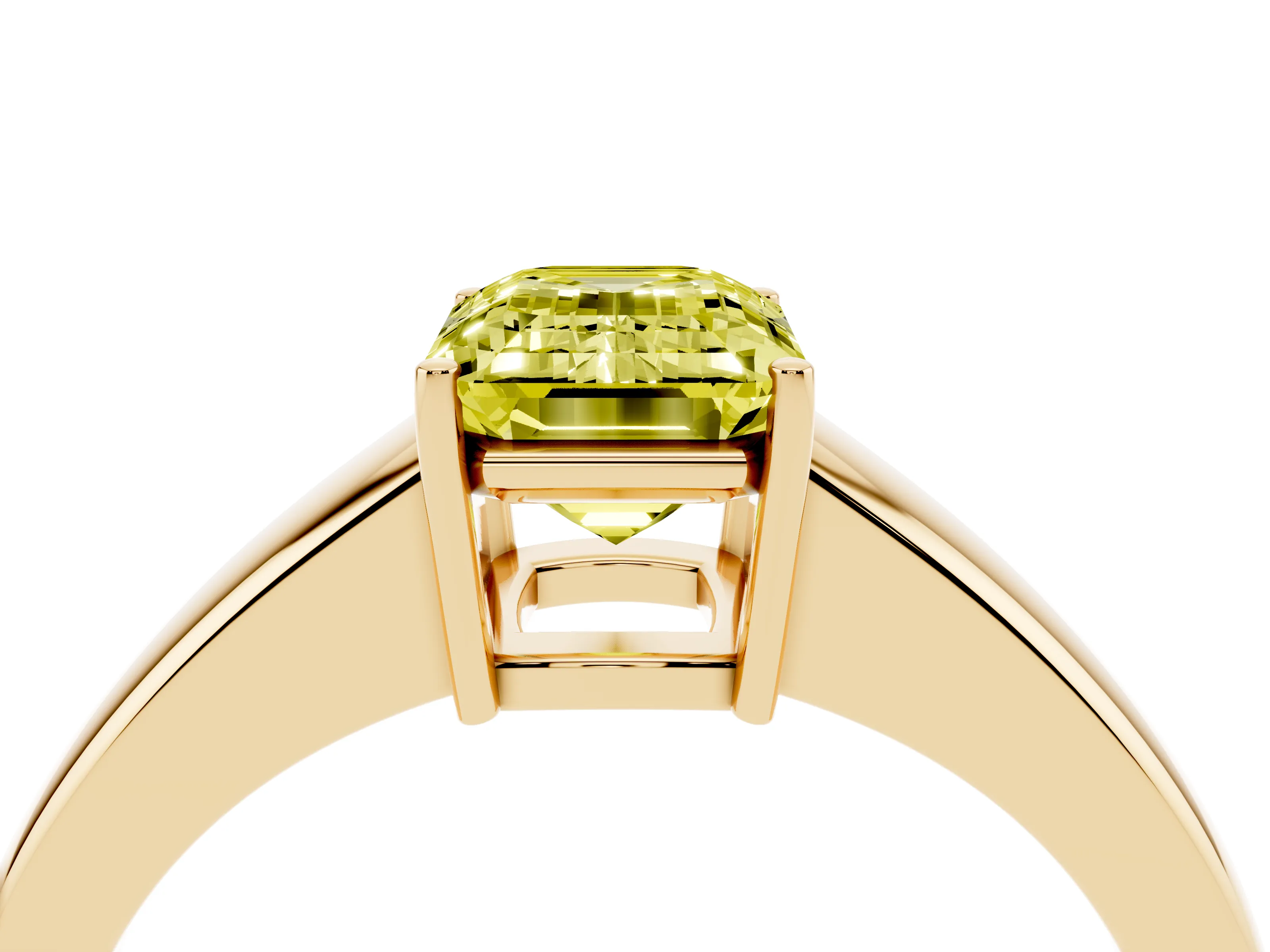 Fancy Yellow Emerald Cut Diamond Solitaire Ring Set in Yellow gold with Tapered Band and Prong Setting