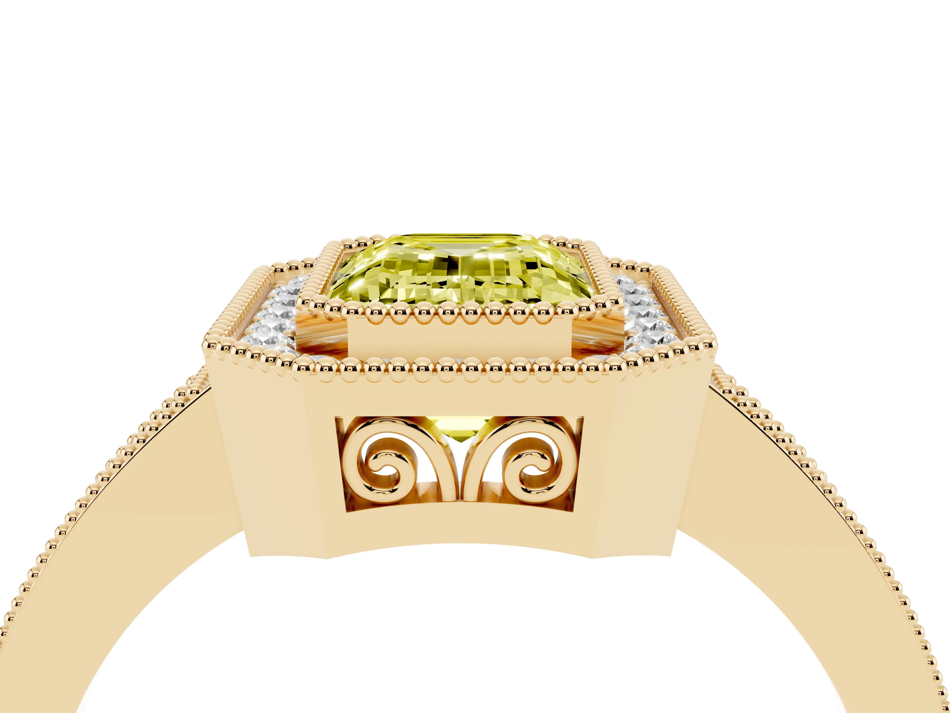 Fancy Yellow Emerald Cut Diamond Halo Ring Set in Yellow gold with Pavé Band and Milgrain-Edged Prongs