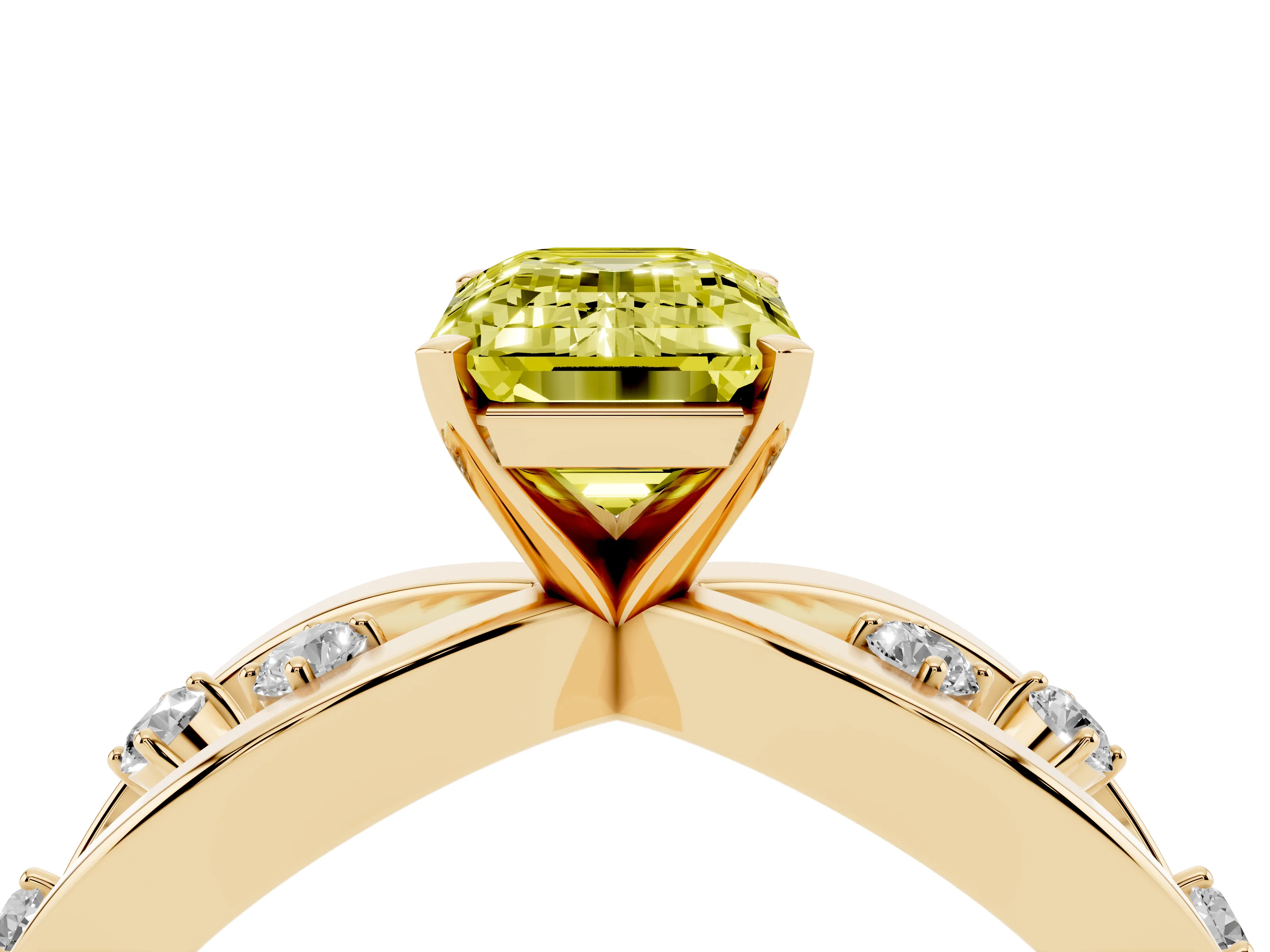 Fancy Yellow Emerald Cut Diamond Solitaire Ring Set in Yellow gold with Side Stones on Criss-Cross Band and Prong Setting