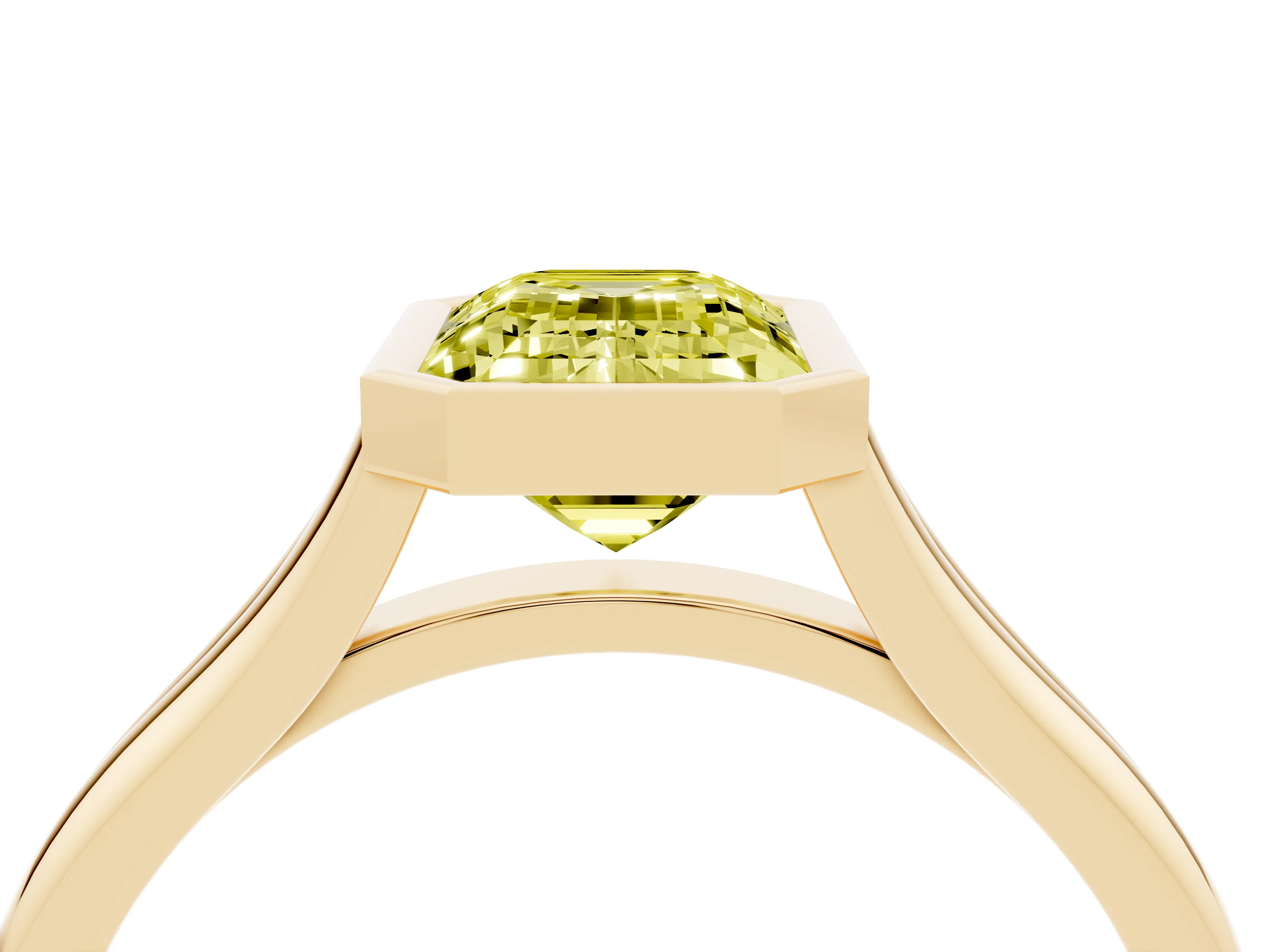 Fancy Yellow Bezel Set Emerald Cut Diamond Solitaire Ring Set in Yellow gold with Tapered Band