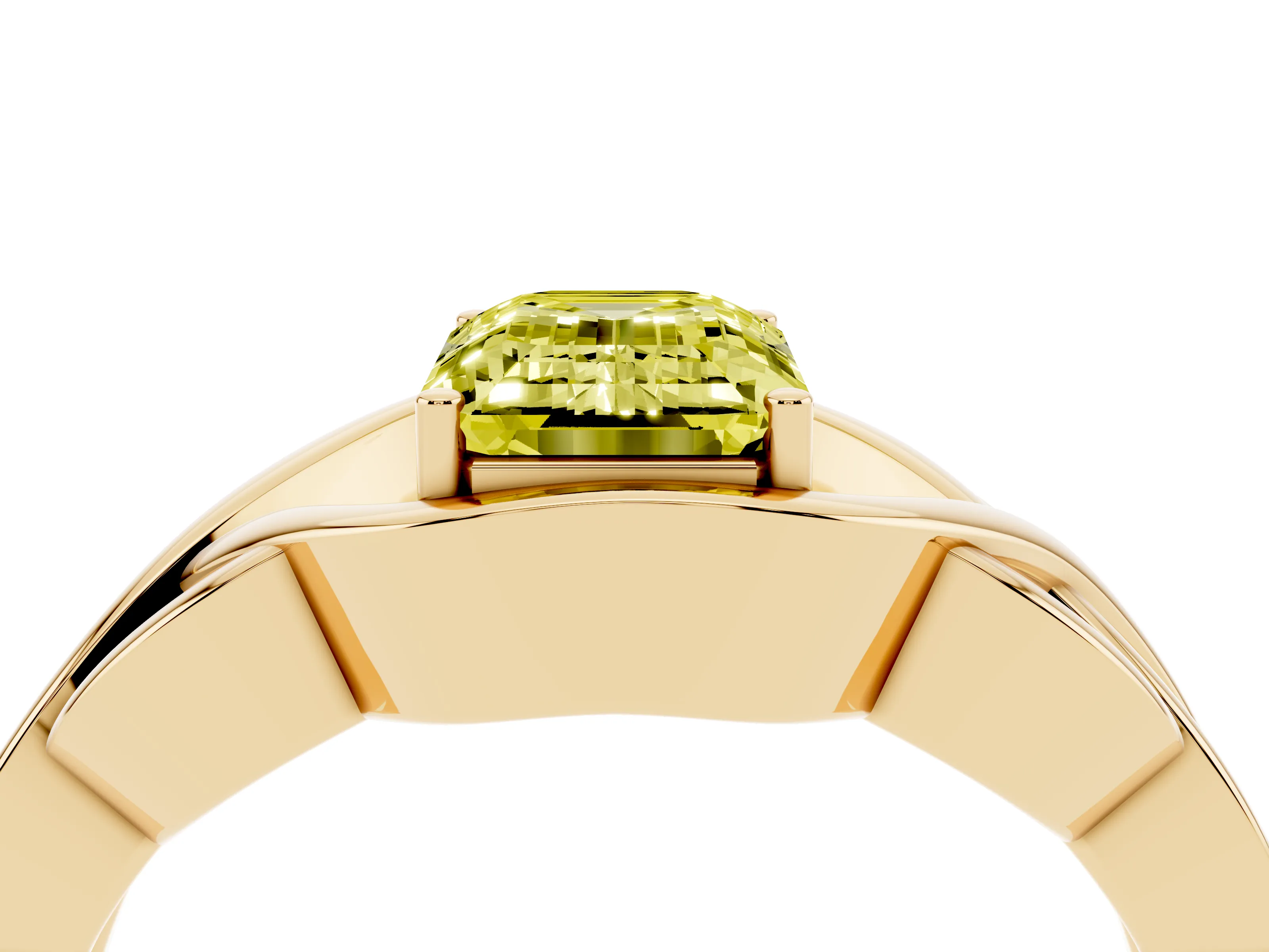 Fancy Yellow Emerald Cut Diamond Solitaire Ring Set in Yellow gold with Intertwined Band