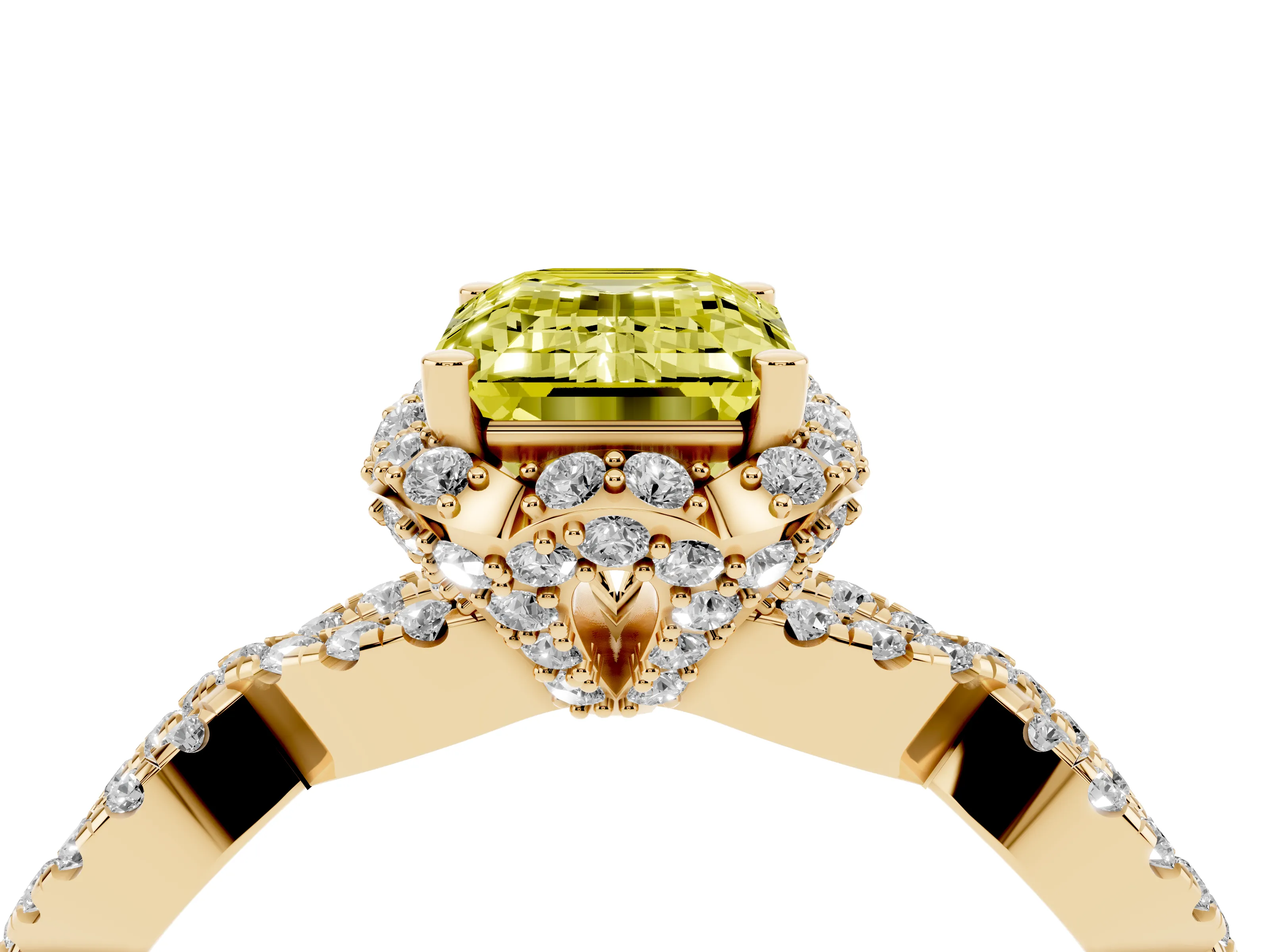 Fancy Yellow Emerald Cut Diamond Halo Twist Band Solitaire Ring Set in Yellow gold with Prong-Set Center Stone