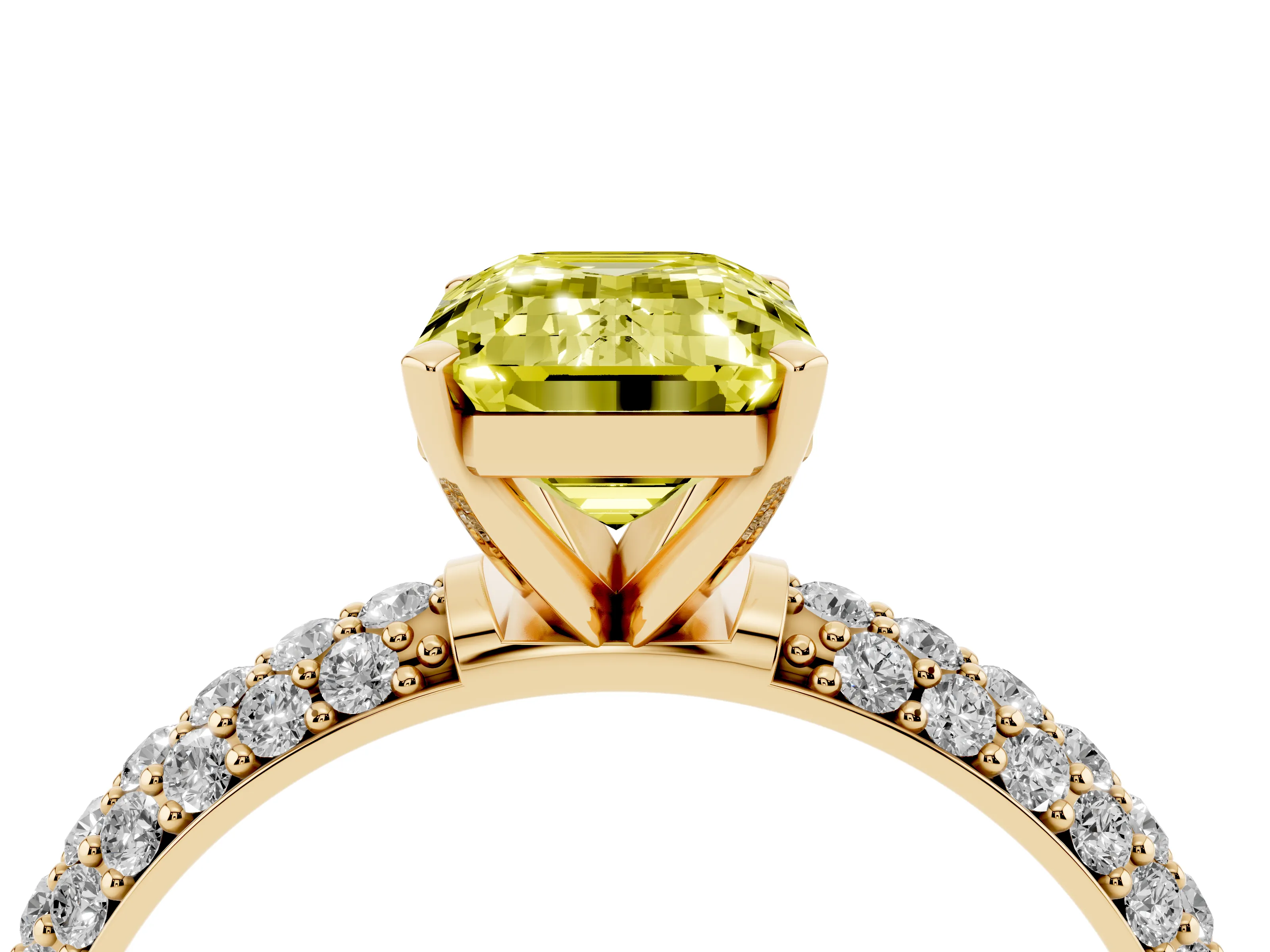 Fancy Yellow Emerald Cut Diamond Solitaire Ring Set in Yellow gold with Prong Setting and Pavé-Set Band