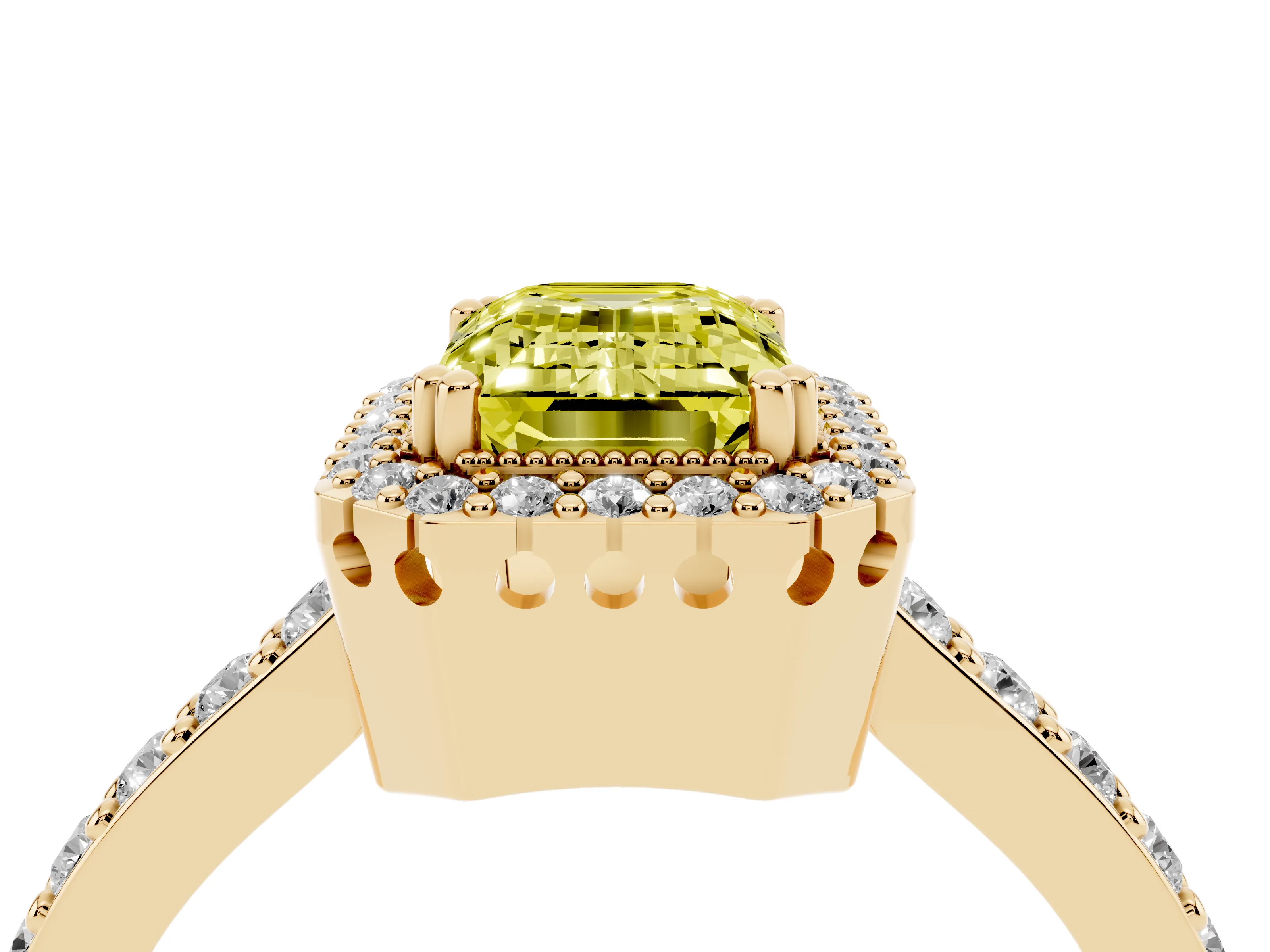 Fancy Yellow Emerald Cut Diamond Halo Engagement Ring Set in Yellow gold with Milgrain Detail and Pavé Band