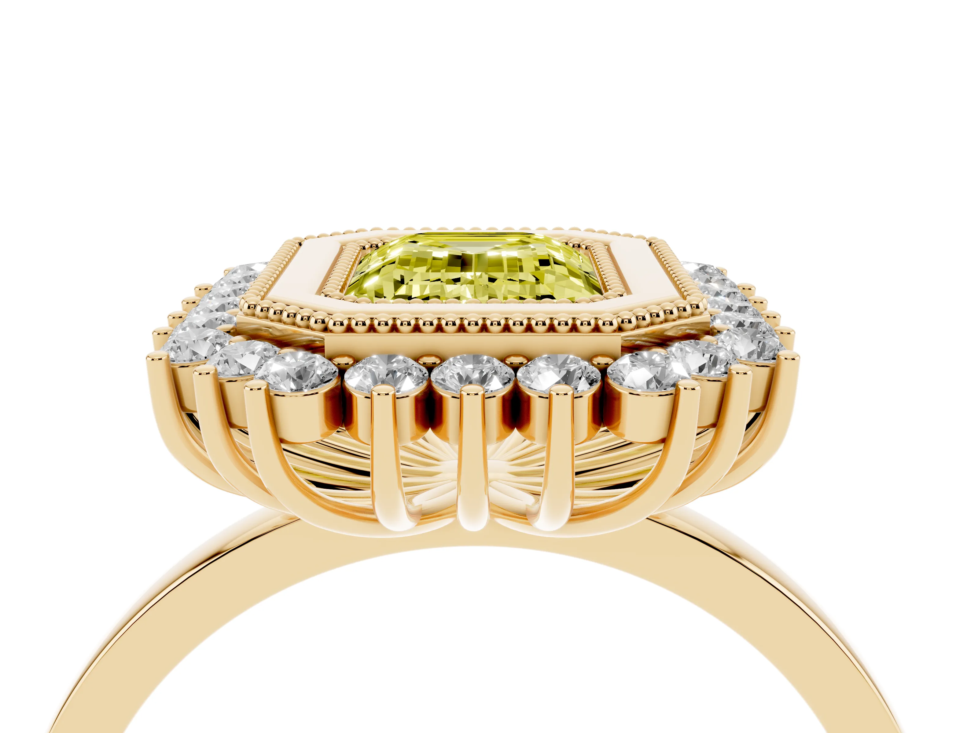 Fancy Yellow Emerald Cut Diamond Halo Ring Set in Yellow gold with Milgrain Edge and Round Prong Setting