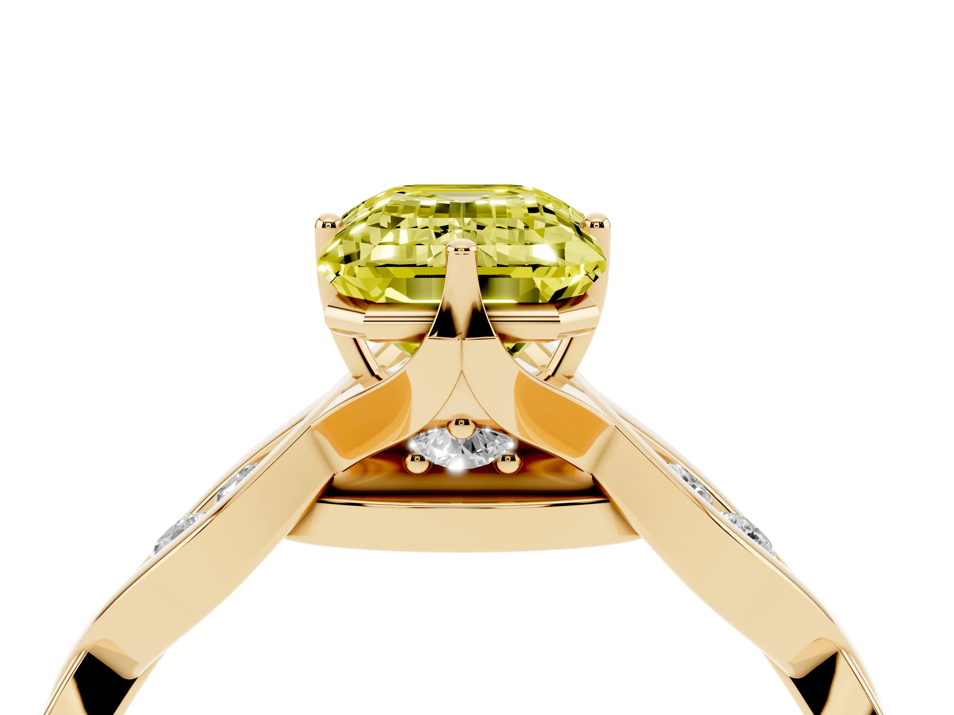 Fancy Yellow Emerald Cut Diamond Twist Band Solitaire Ring Set in Yellow gold with Leaf Prong Setting and Accent Stones