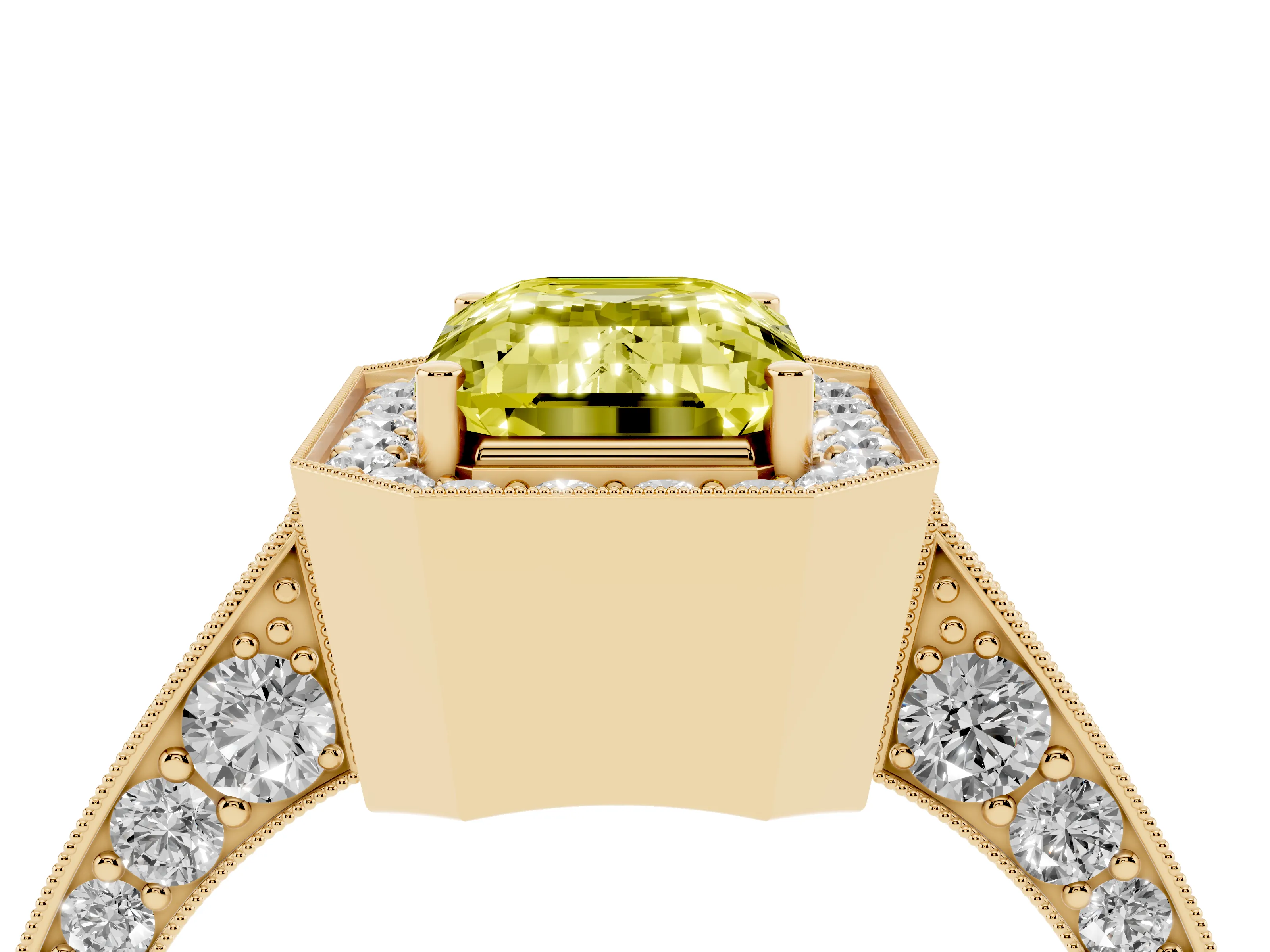 Fancy Yellow Emerald Cut Diamond Halo Engagement Ring Set in Yellow gold with Accent Split Shank Band