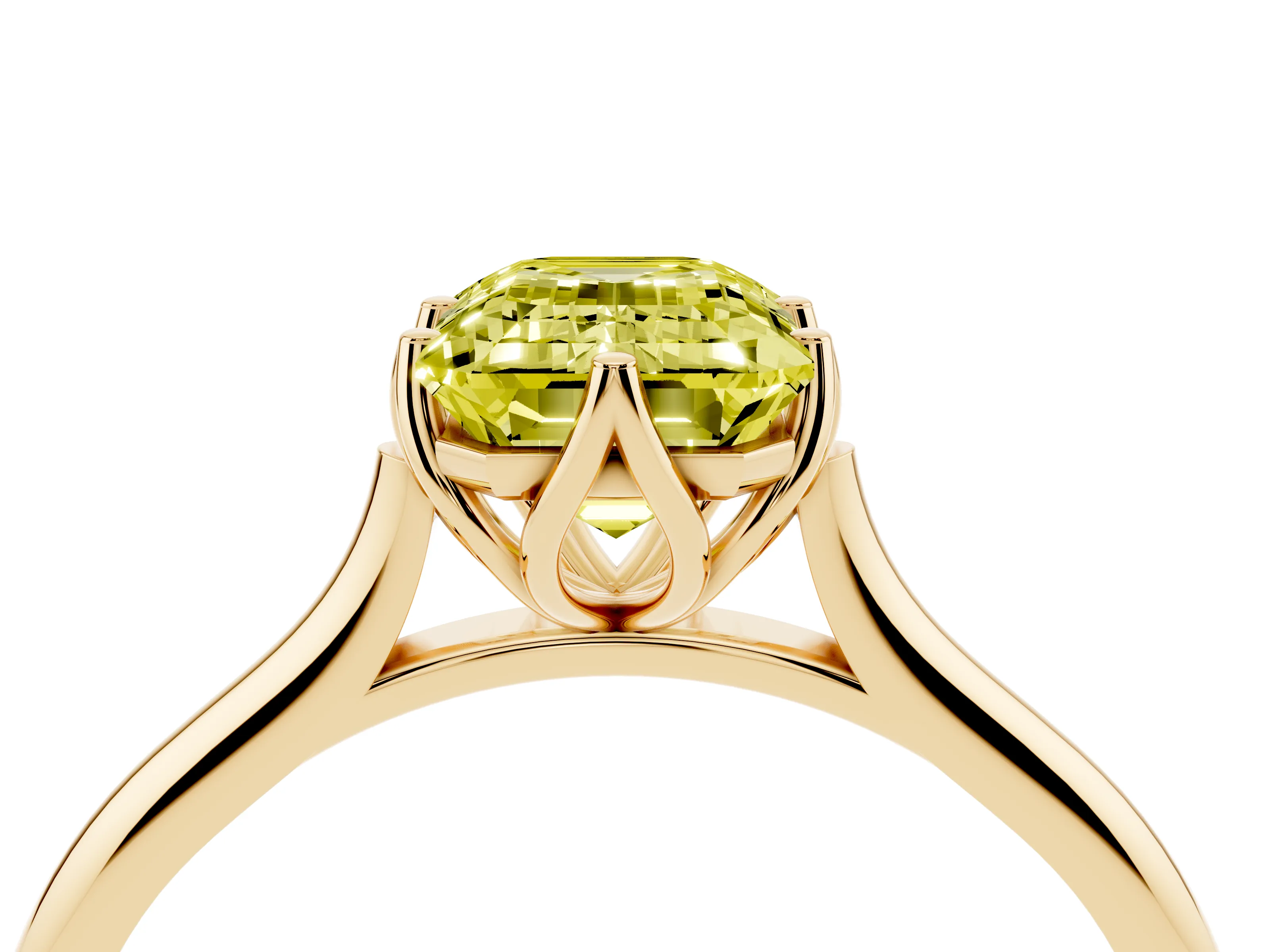Fancy Yellow Emerald Cut Diamond Solitaire Cathedral Ring Set in Yellow gold with Prong Setting