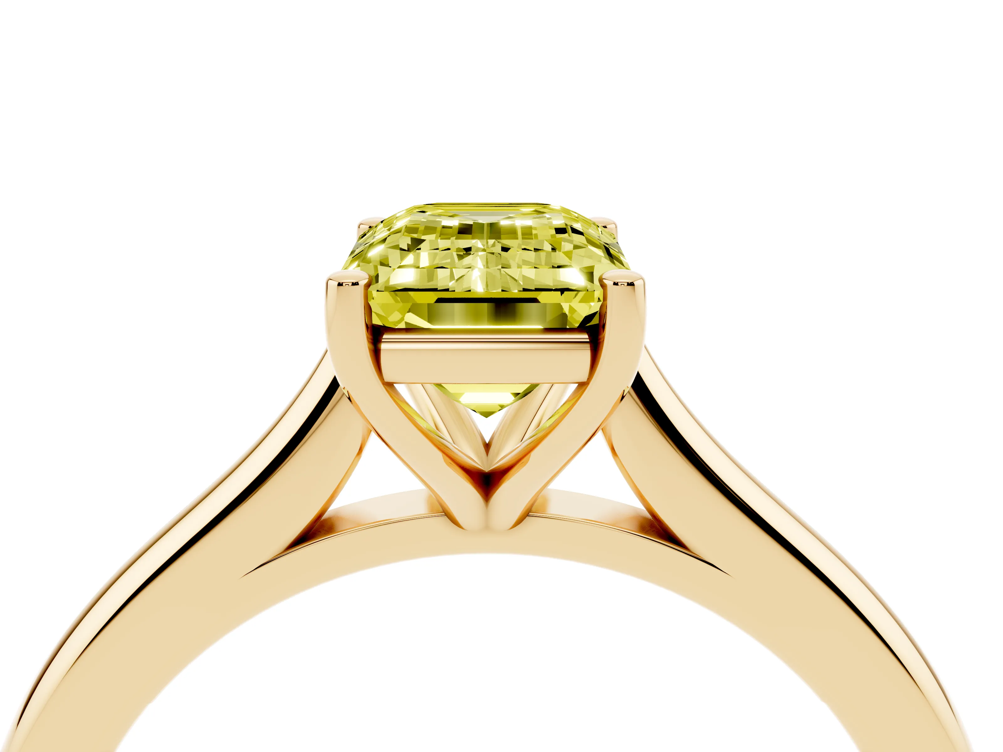 Fancy Yellow Emerald Cut Diamond Solitaire Ring Set in Yellow gold with Cathedral Band and Prong Setting